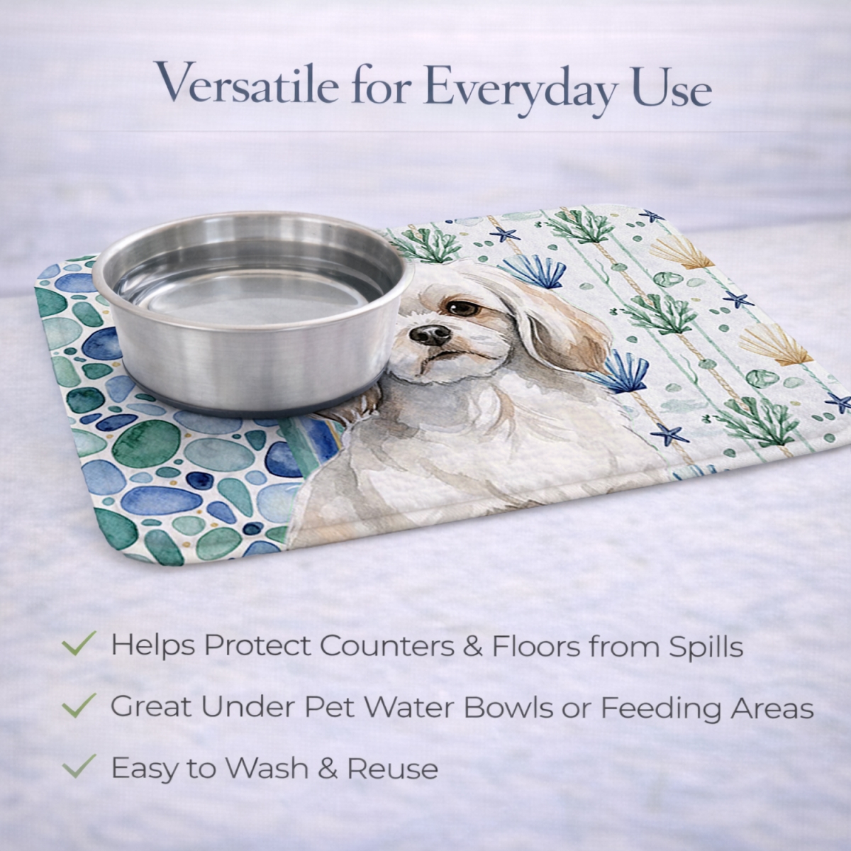 Picture of Carolines Treasures WDK7243DDM 21 x 14 in. White Tibetan Spaniel Coastal Sea Glass Dish Drying Mat