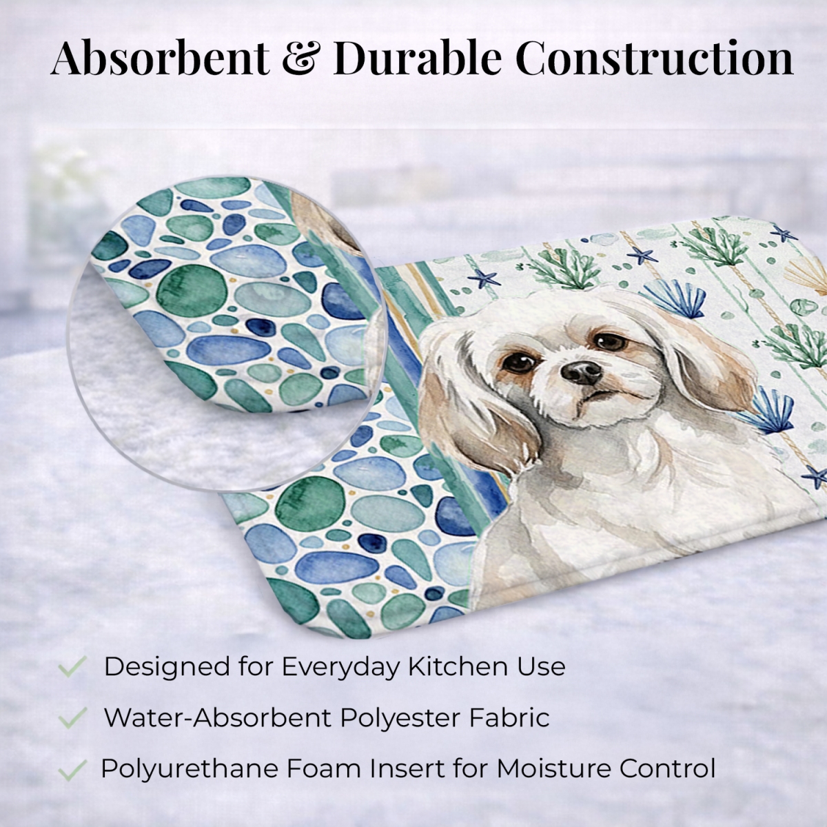 Picture of Carolines Treasures WDK7243DDM 21 x 14 in. White Tibetan Spaniel Coastal Sea Glass Dish Drying Mat