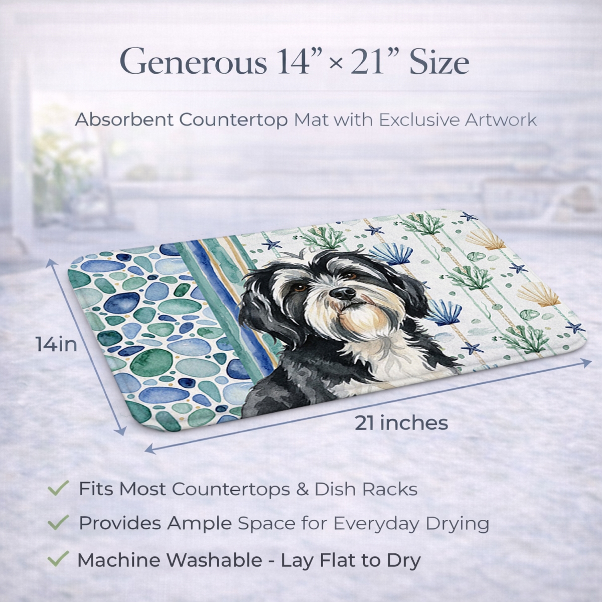 Picture of Carolines Treasures WDK7244DDM 21 x 14 in. Black & White Tibetan Terrier Coastal Sea Glass Dish Drying Mat