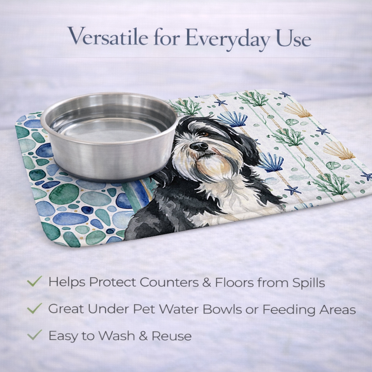 Picture of Carolines Treasures WDK7244DDM 21 x 14 in. Black & White Tibetan Terrier Coastal Sea Glass Dish Drying Mat