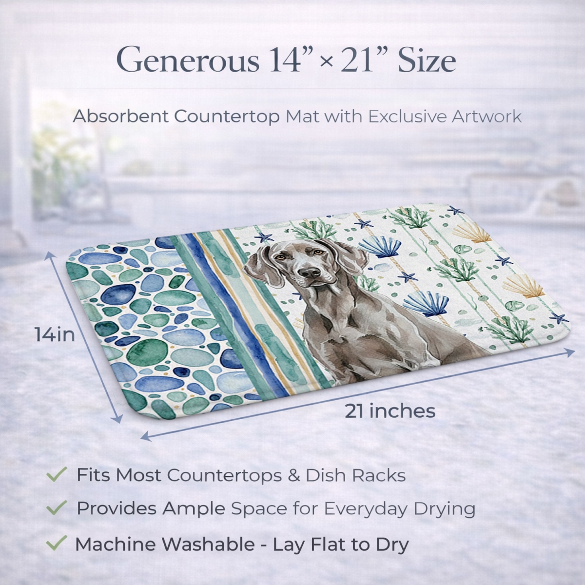 Picture of Carolines Treasures WDK7247DDM 21 x 14 in. Weimaraner Coastal Sea Glass Dish Drying Mat