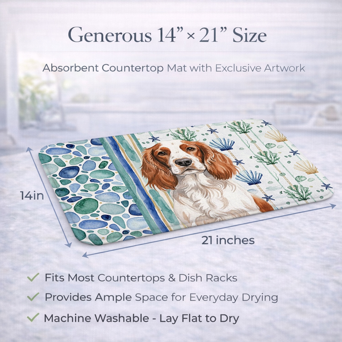 Picture of Carolines Treasures WDK7248DDM 21 x 14 in. Welsh Springer Spaniel Coastal Sea Glass Dish Drying Mat