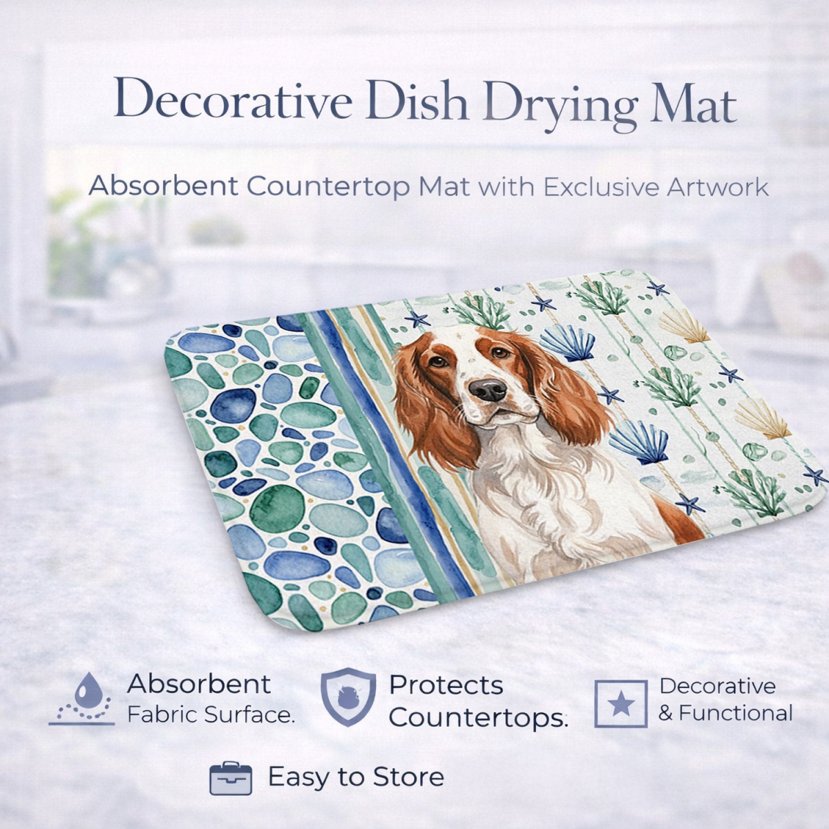 Picture of Carolines Treasures WDK7248DDM 21 x 14 in. Welsh Springer Spaniel Coastal Sea Glass Dish Drying Mat