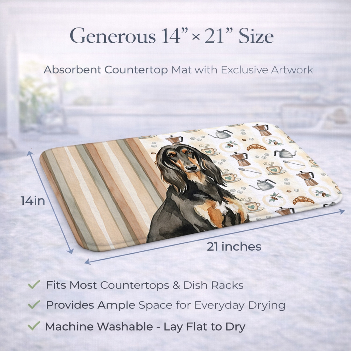 Picture of Carolines Treasures WDK7265DDM 21 x 14 in. Black & Tan Afghan Hound Coffee Bar Dish Drying Mat