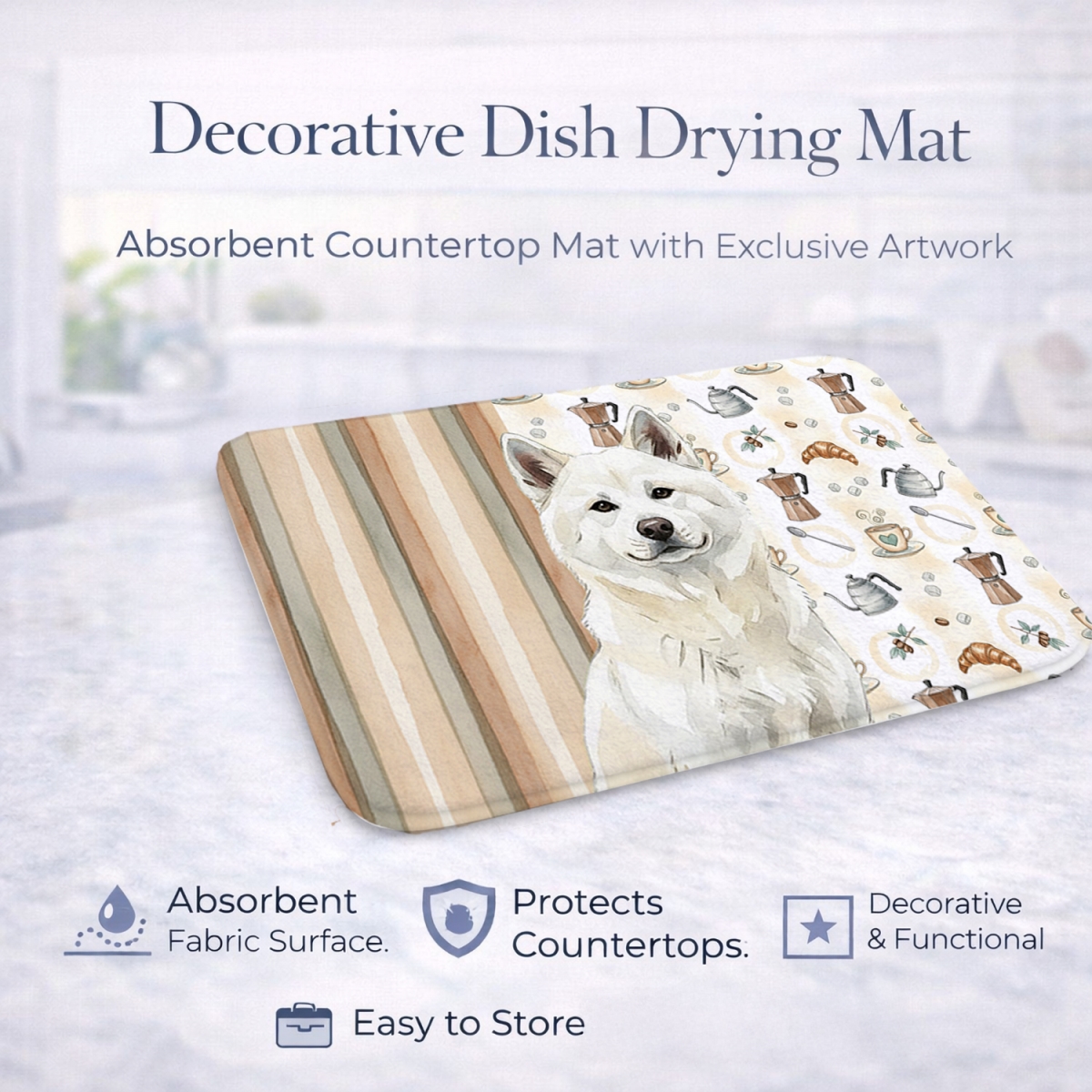 Picture of Carolines Treasures WDK7272DDM 21 x 14 in. White Akita Coffee Bar Dish Drying Mat