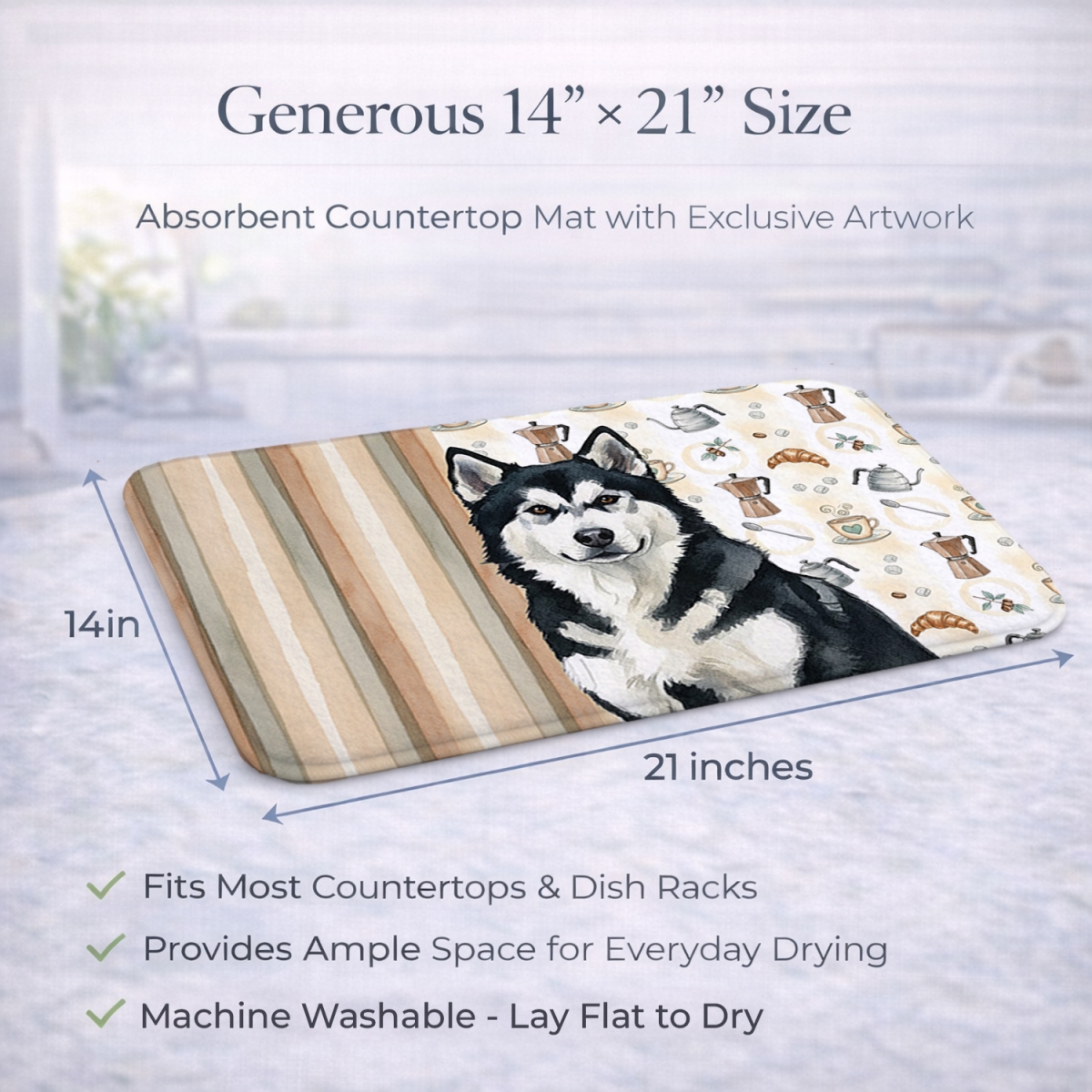 Picture of Carolines Treasures WDK7273DDM 21 x 14 in. Black & White Alaskan Malamute Coffee Bar Dish Drying Mat