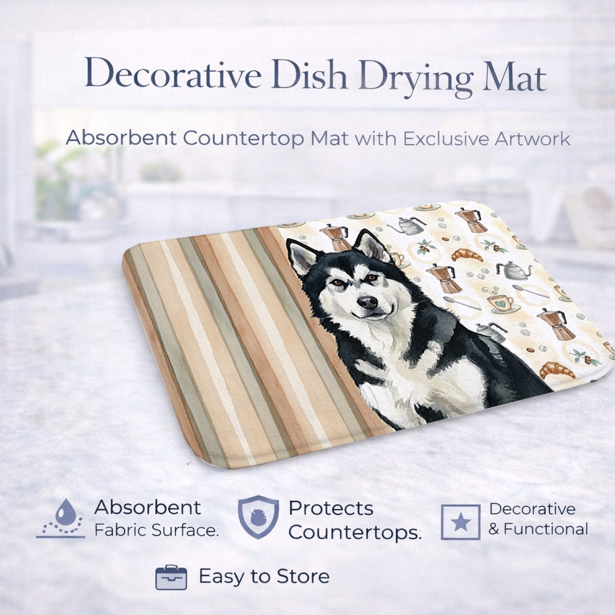 Picture of Carolines Treasures WDK7273DDM 21 x 14 in. Black & White Alaskan Malamute Coffee Bar Dish Drying Mat
