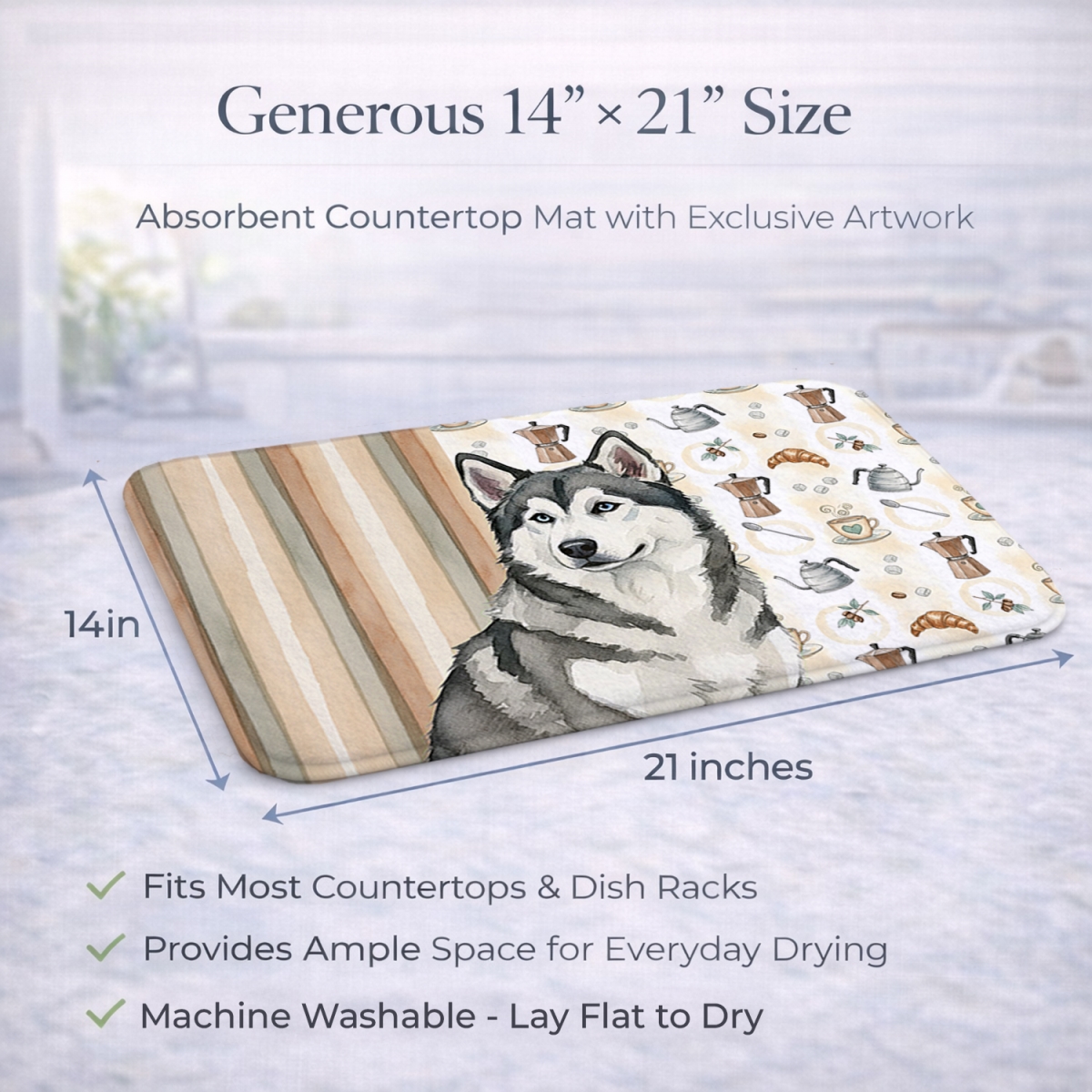Picture of Carolines Treasures WDK7274DDM 21 x 14 in. Gray & White Alaskan Malamute Coffee Bar Dish Drying Mat