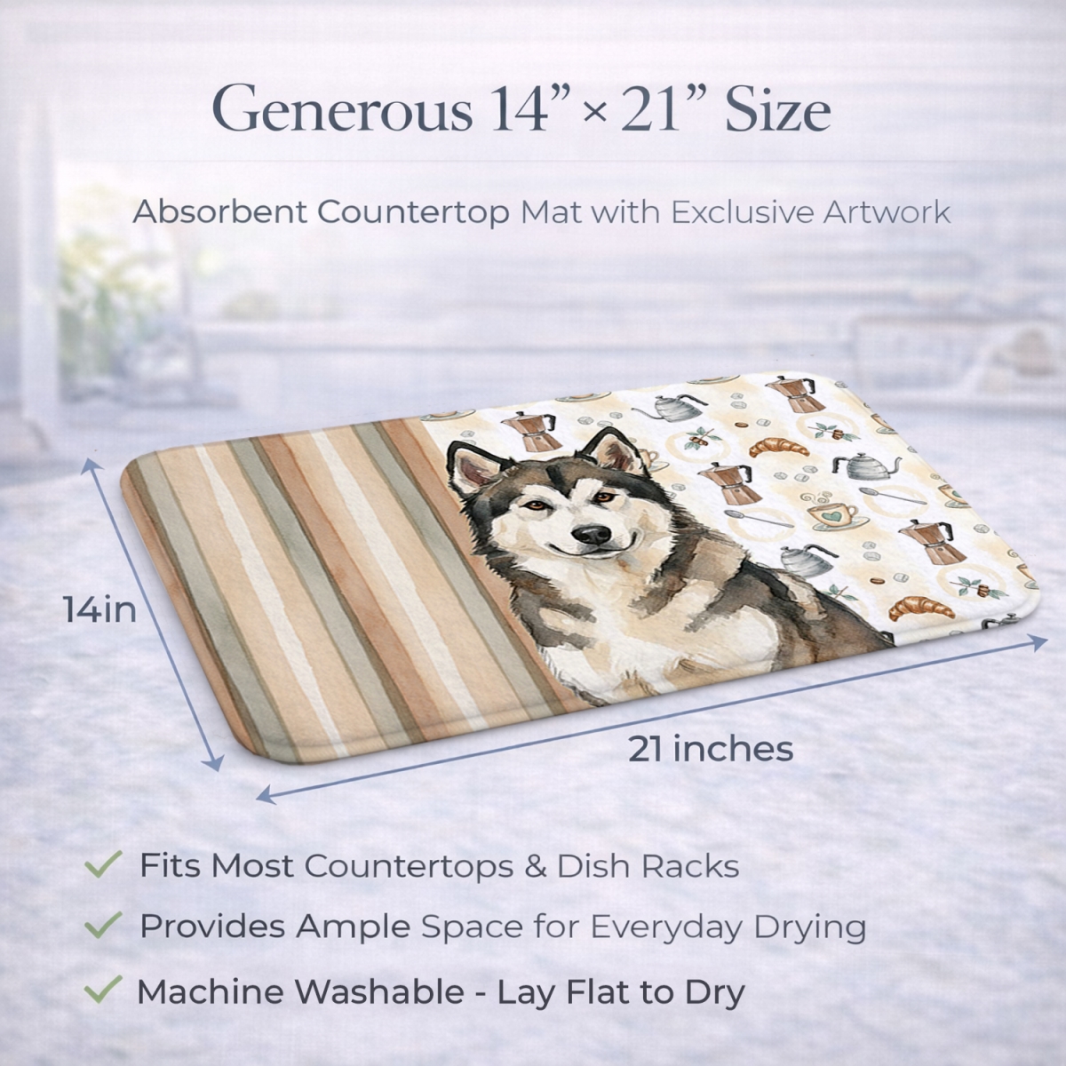 Picture of Carolines Treasures WDK7276DDM 21 x 14 in. Sable & White Alaskan Malamute Coffee Bar Dish Drying Mat