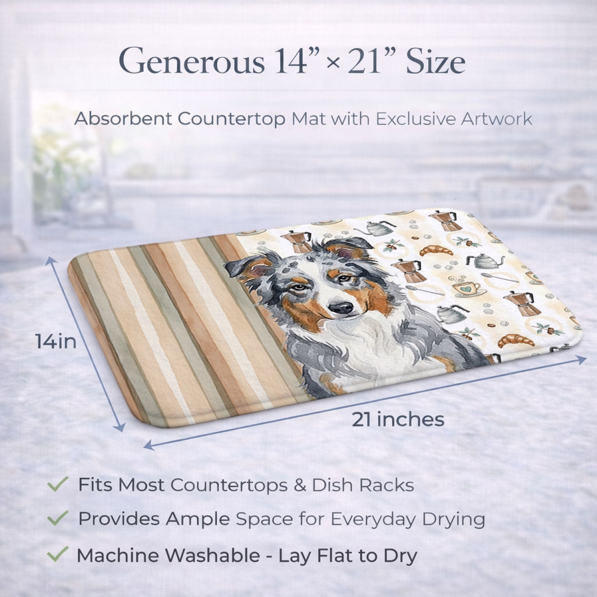 Picture of Carolines Treasures WDK7280DDM 21 x 14 in. Blue Merle American Shepherd Coffee Bar Dish Drying Mat