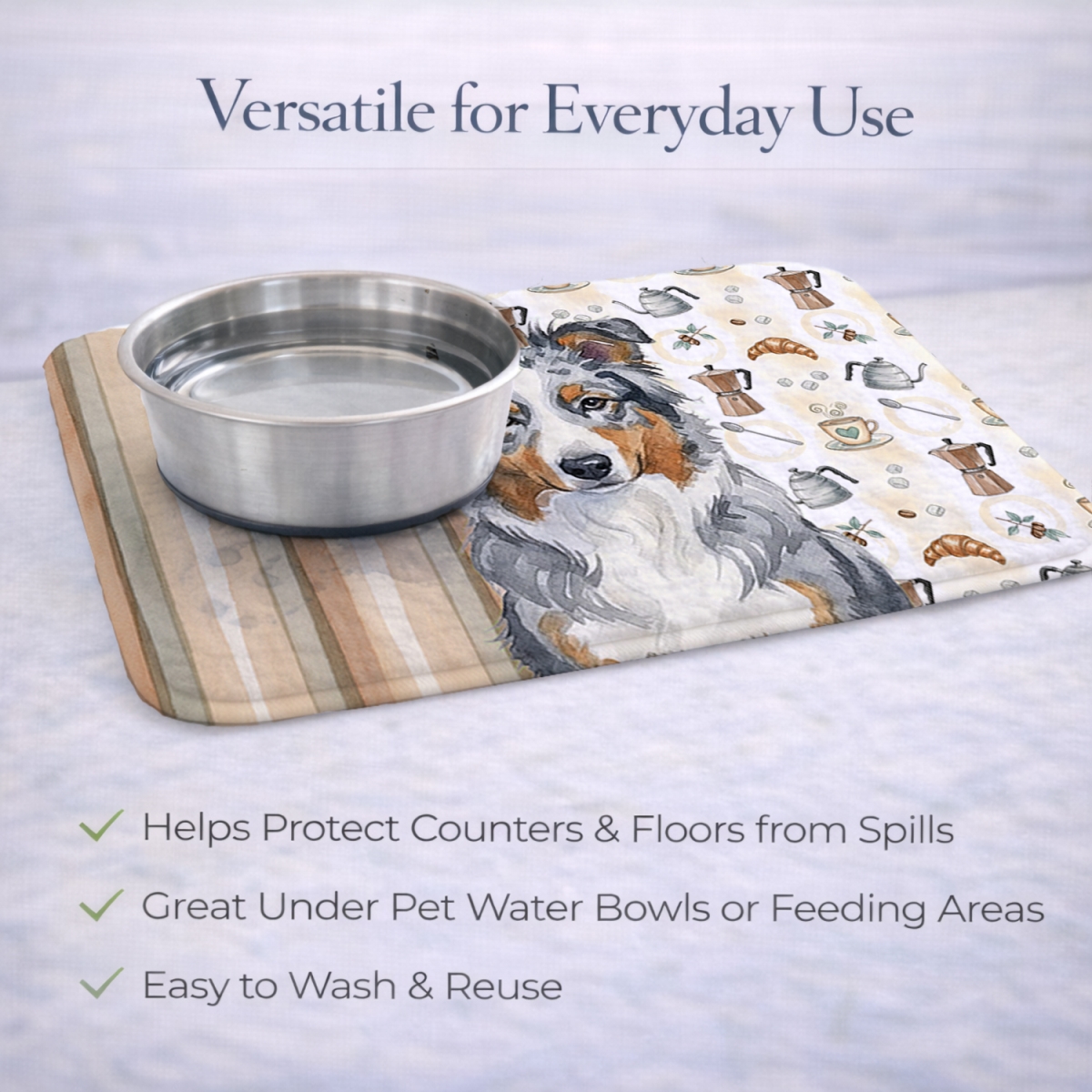 Picture of Carolines Treasures WDK7280DDM 21 x 14 in. Blue Merle American Shepherd Coffee Bar Dish Drying Mat