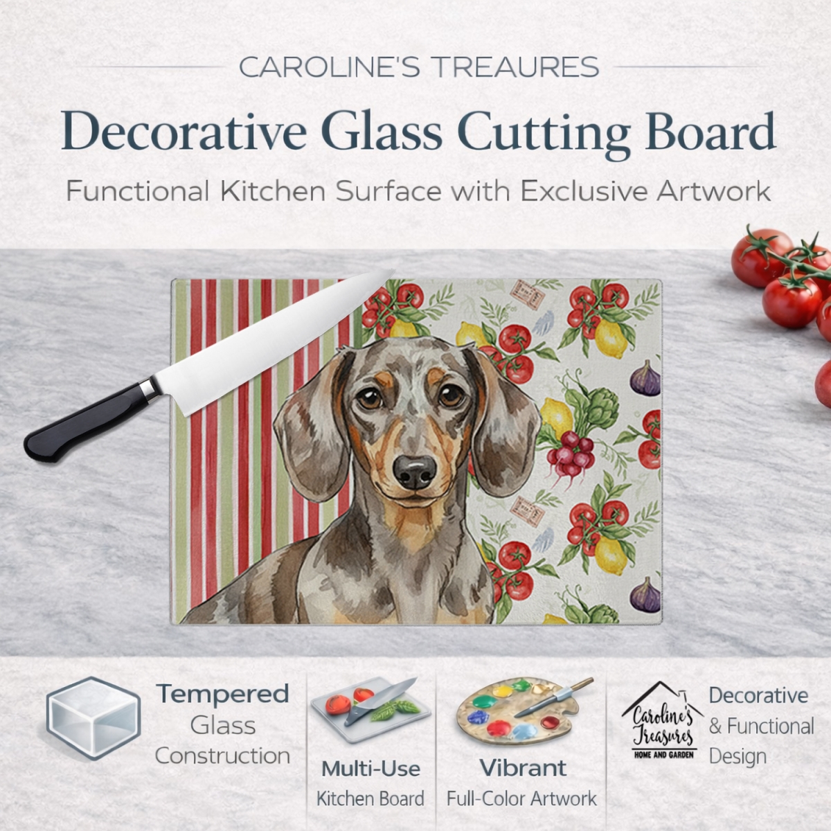 Picture of Carolines Treasures WDK8194LCB 11.25 x 15.25 in. Dapple Dachshund Vegetables Glass Cutting Board