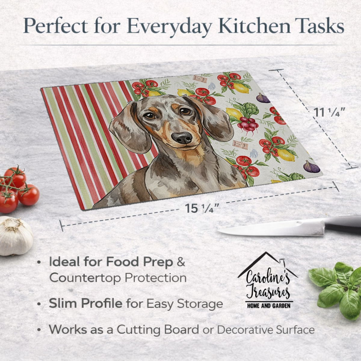 Picture of Carolines Treasures WDK8194LCB 11.25 x 15.25 in. Dapple Dachshund Vegetables Glass Cutting Board