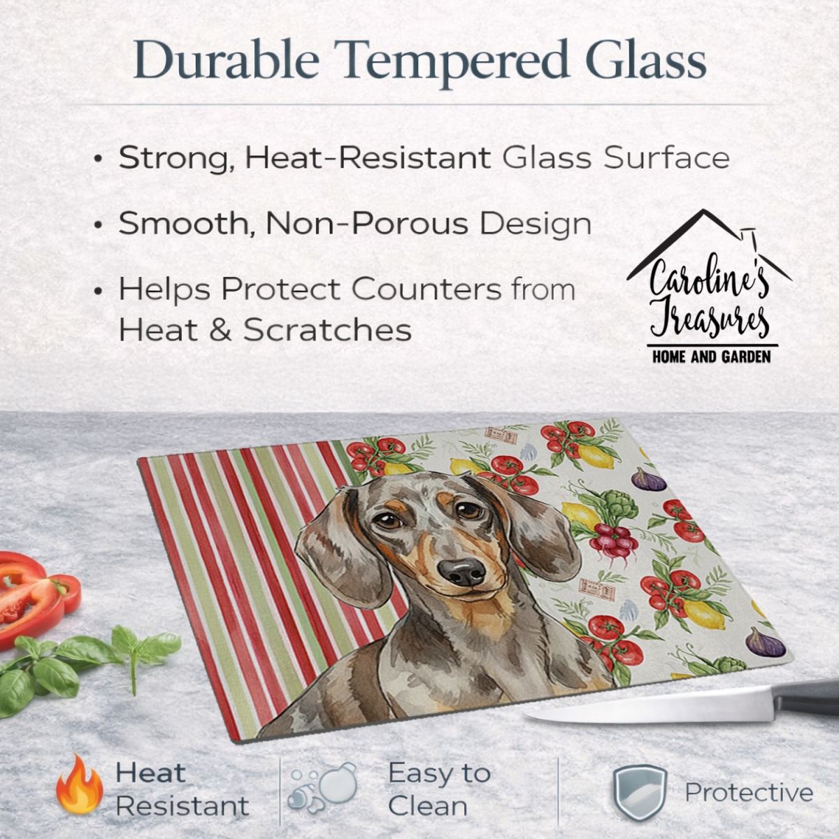 Picture of Carolines Treasures WDK8194LCB 11.25 x 15.25 in. Dapple Dachshund Vegetables Glass Cutting Board