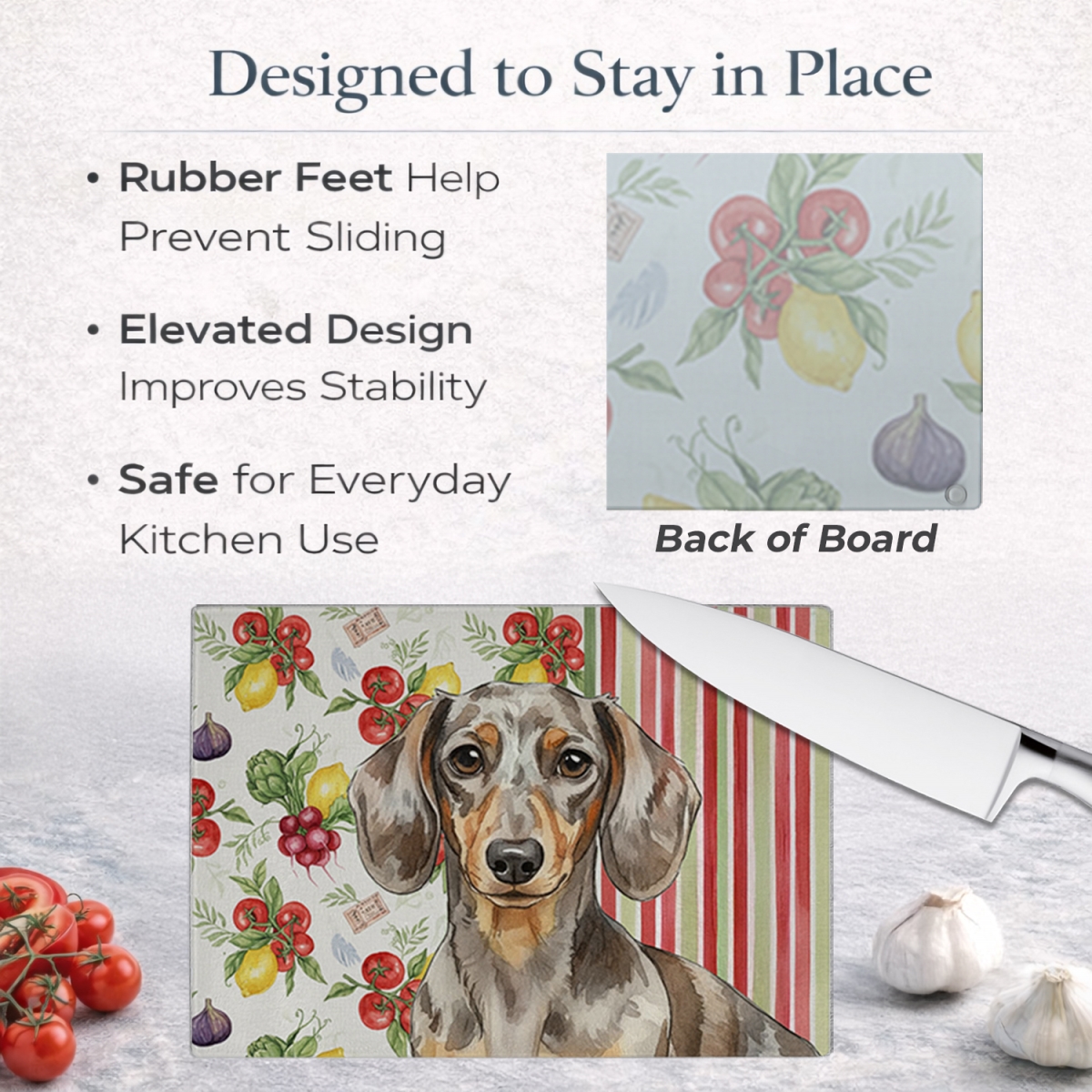 Picture of Carolines Treasures WDK8194LCB 11.25 x 15.25 in. Dapple Dachshund Vegetables Glass Cutting Board