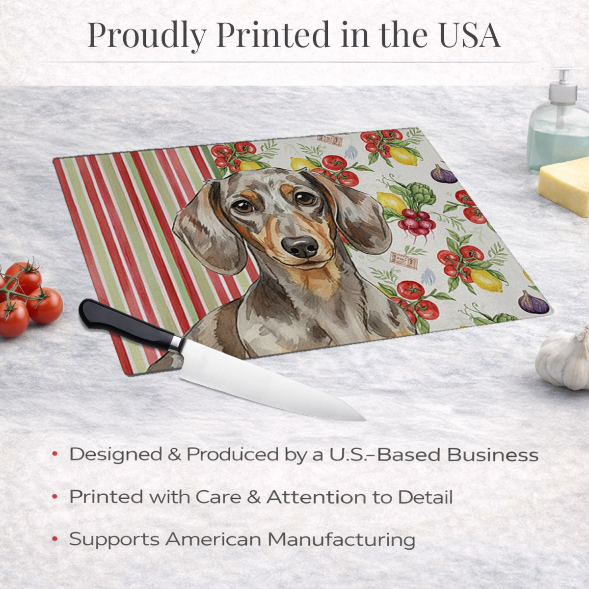 Picture of Carolines Treasures WDK8194LCB 11.25 x 15.25 in. Dapple Dachshund Vegetables Glass Cutting Board