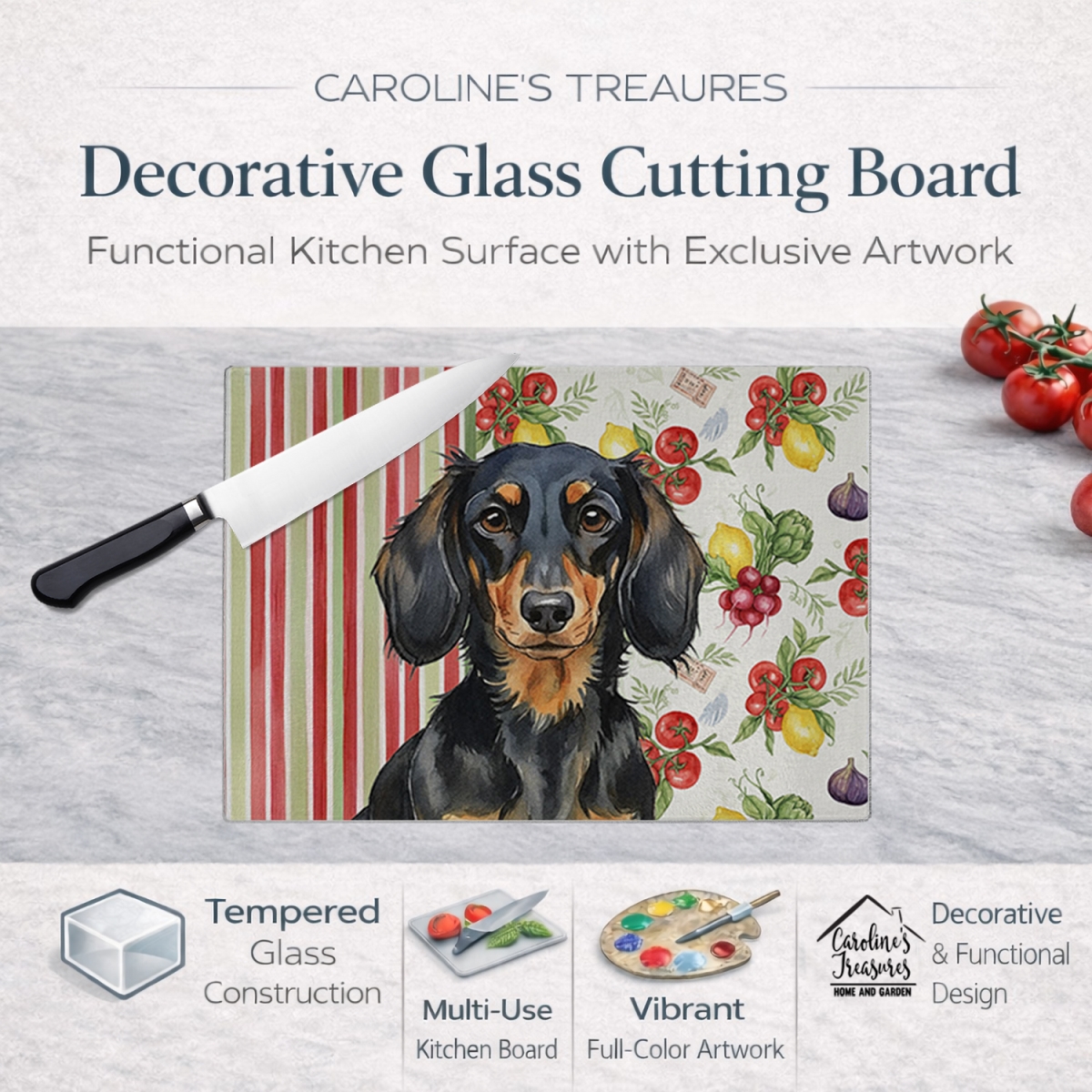 Picture of Carolines Treasures WDK8195LCB 11.25 x 15.25 in. Longhaired Black & Tan Dachshund Vegetables Glass Cutting Board