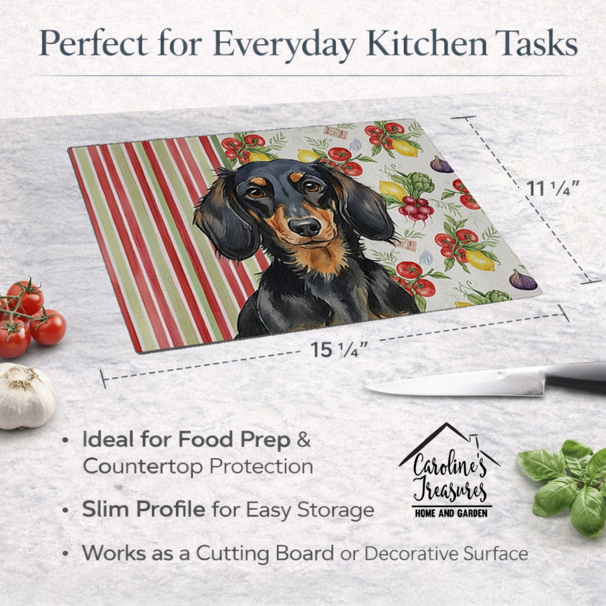 Picture of Carolines Treasures WDK8195LCB 11.25 x 15.25 in. Longhaired Black & Tan Dachshund Vegetables Glass Cutting Board