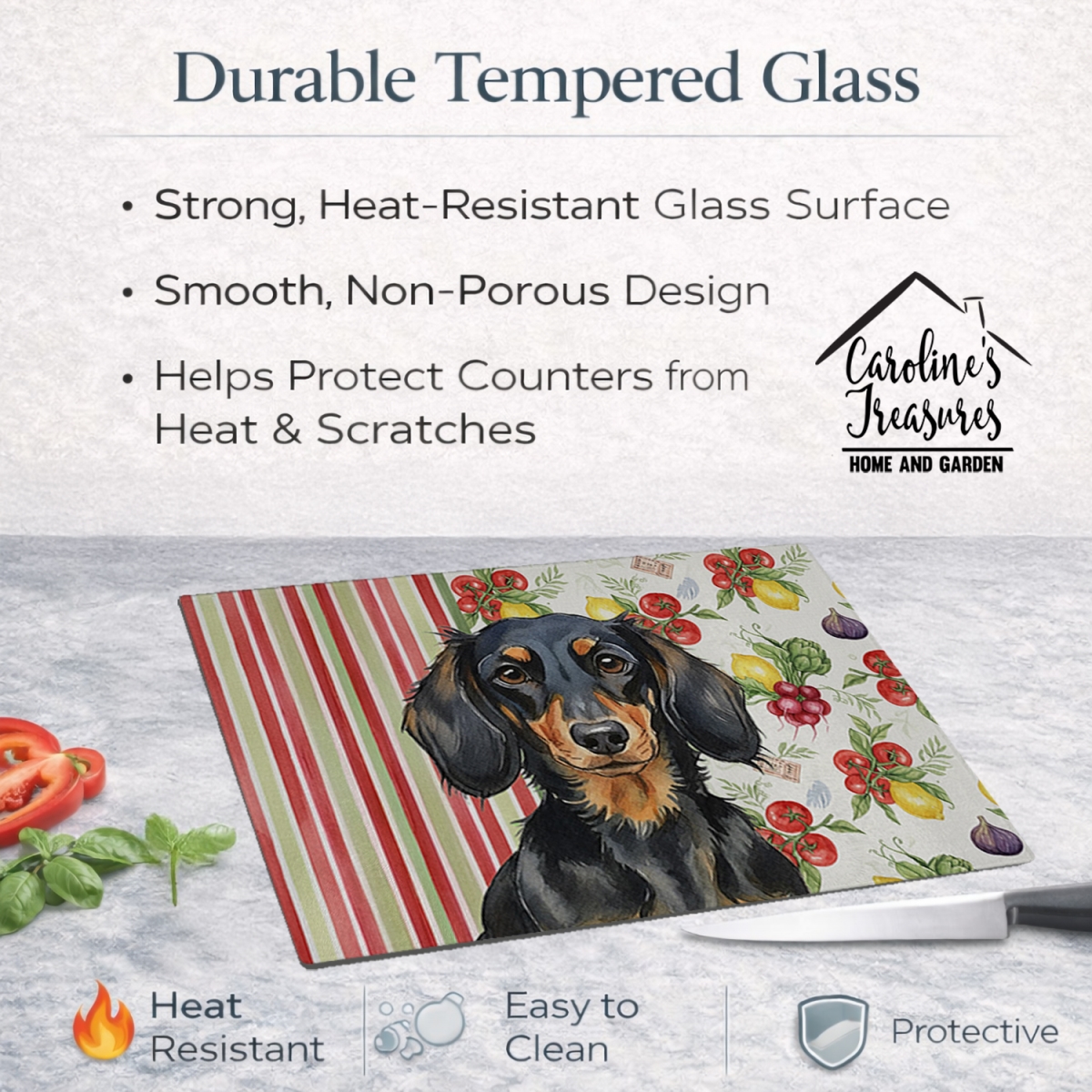 Picture of Carolines Treasures WDK8195LCB 11.25 x 15.25 in. Longhaired Black & Tan Dachshund Vegetables Glass Cutting Board