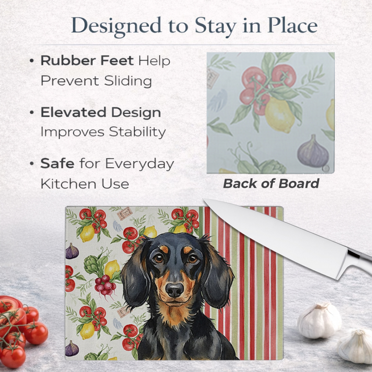 Picture of Carolines Treasures WDK8195LCB 11.25 x 15.25 in. Longhaired Black & Tan Dachshund Vegetables Glass Cutting Board