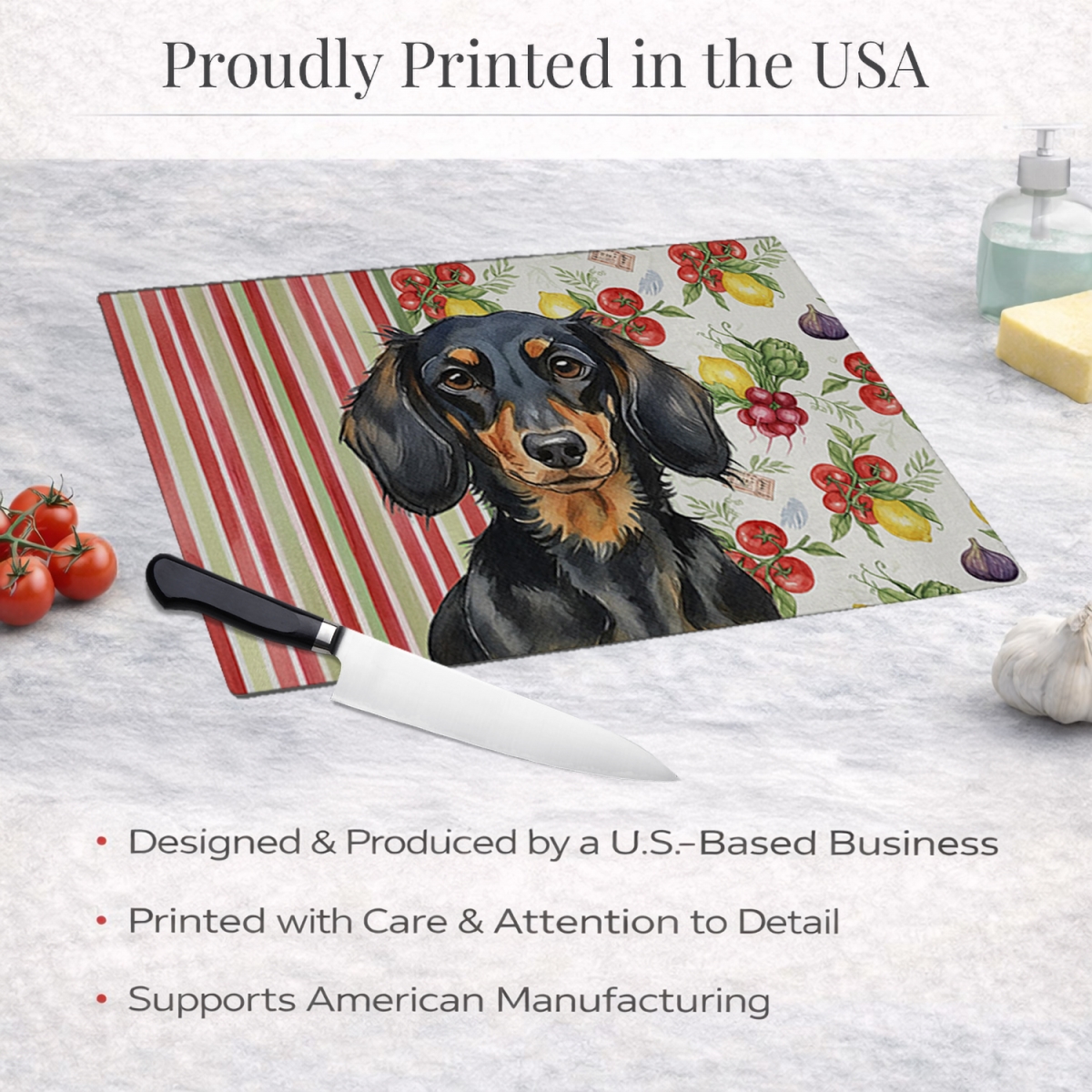 Picture of Carolines Treasures WDK8195LCB 11.25 x 15.25 in. Longhaired Black & Tan Dachshund Vegetables Glass Cutting Board