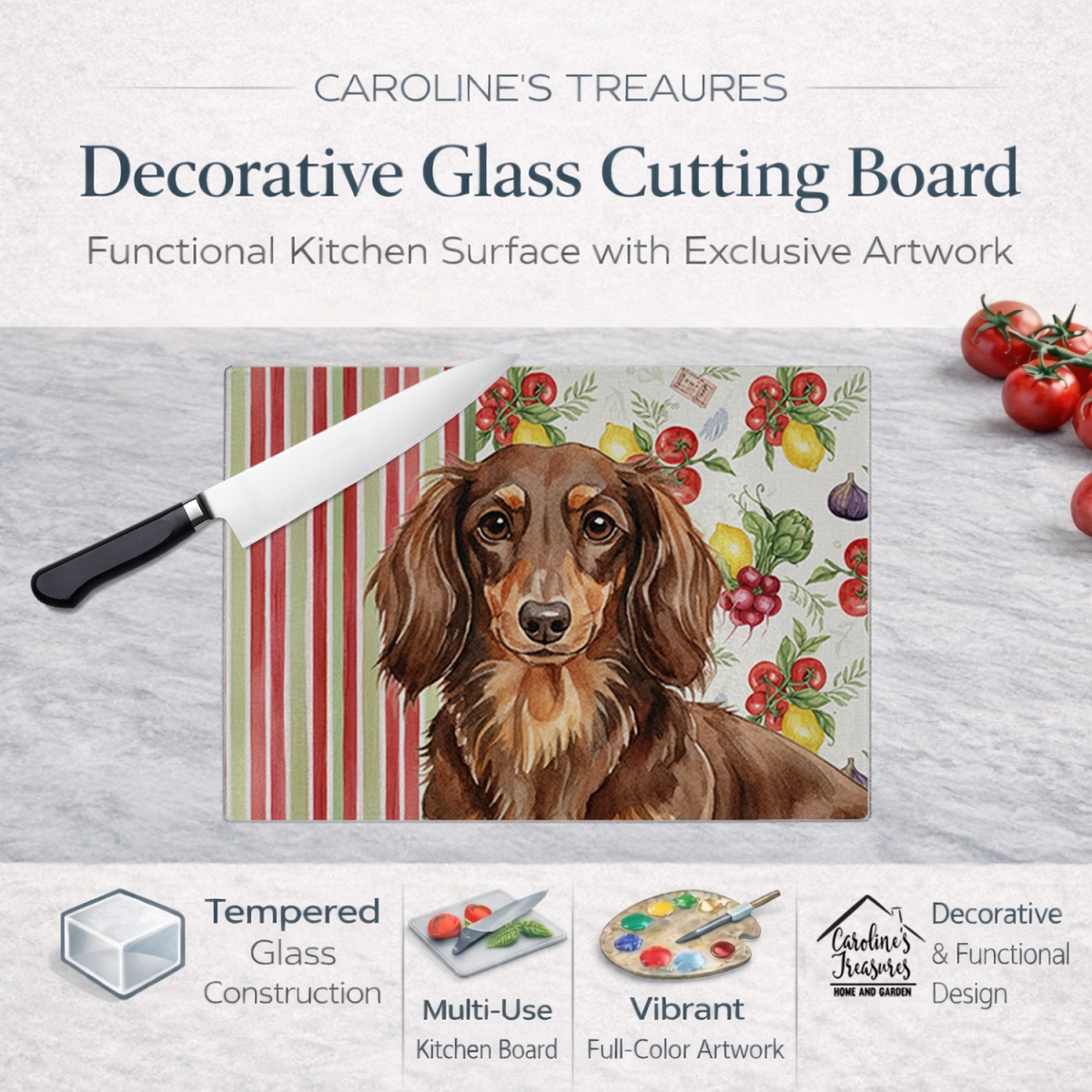 Picture of Carolines Treasures WDK8196LCB 11.25 x 15.25 in. Longhaired Chocolate & Tan Dachshund Vegetables Glass Cutting Board