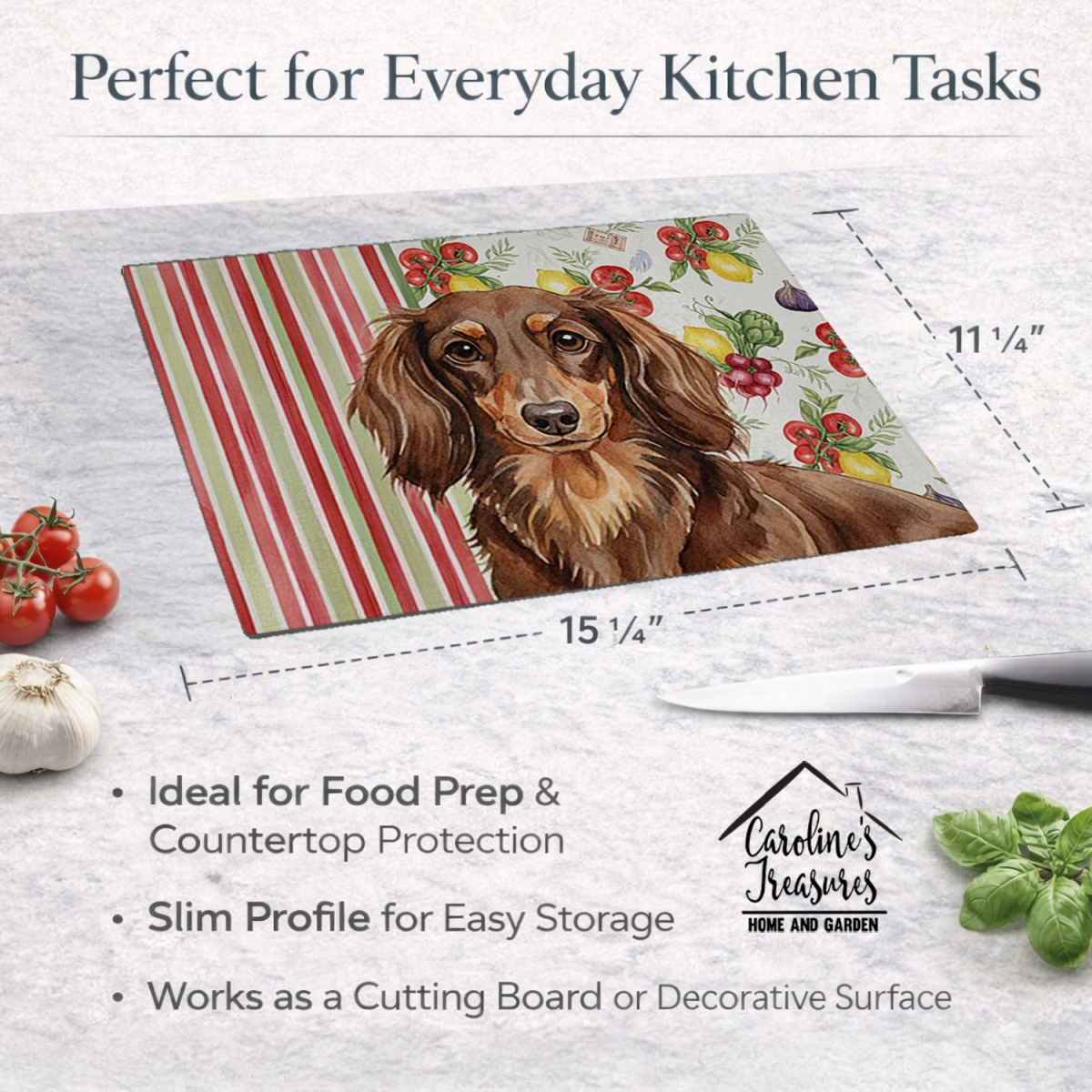 Picture of Carolines Treasures WDK8196LCB 11.25 x 15.25 in. Longhaired Chocolate & Tan Dachshund Vegetables Glass Cutting Board