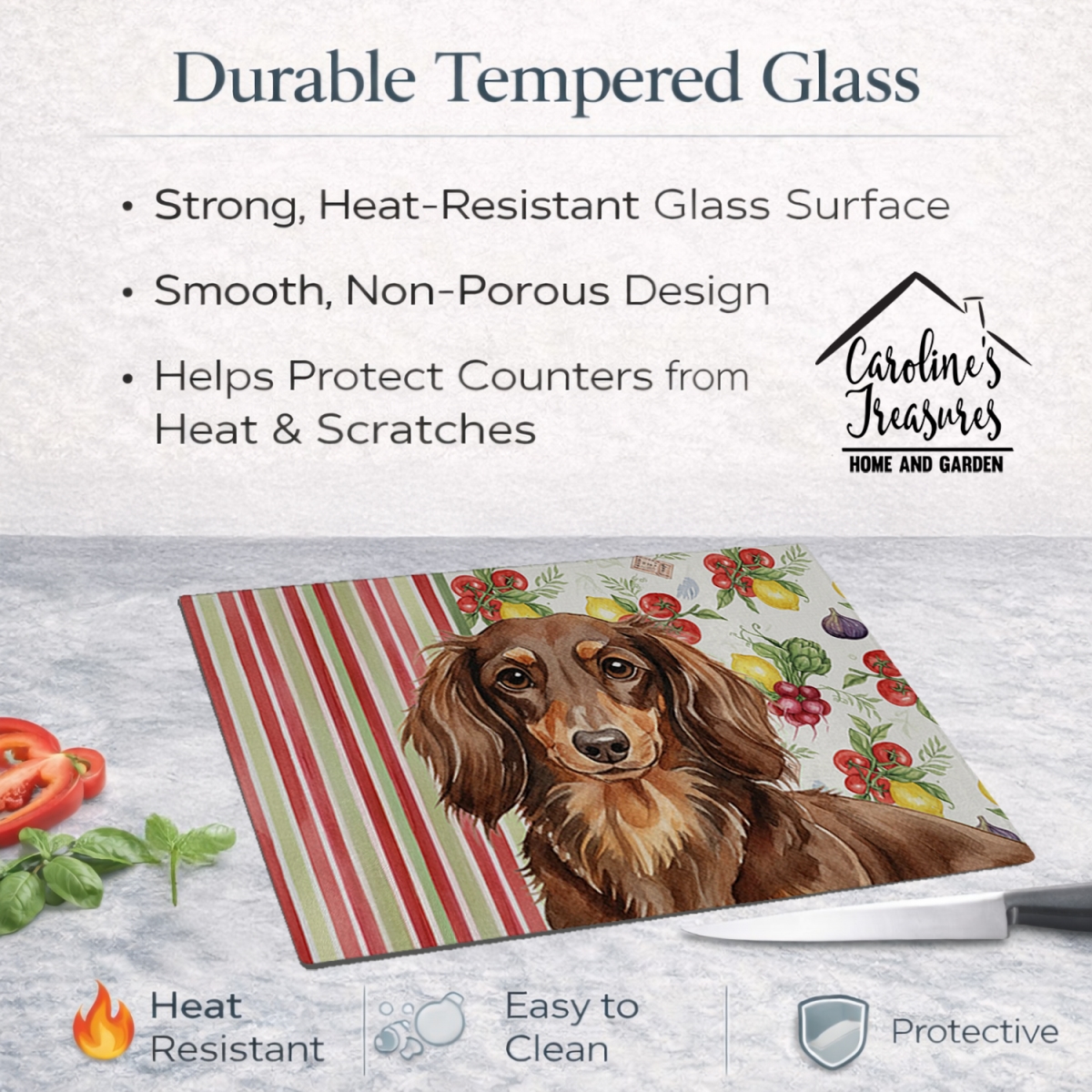 Picture of Carolines Treasures WDK8196LCB 11.25 x 15.25 in. Longhaired Chocolate & Tan Dachshund Vegetables Glass Cutting Board
