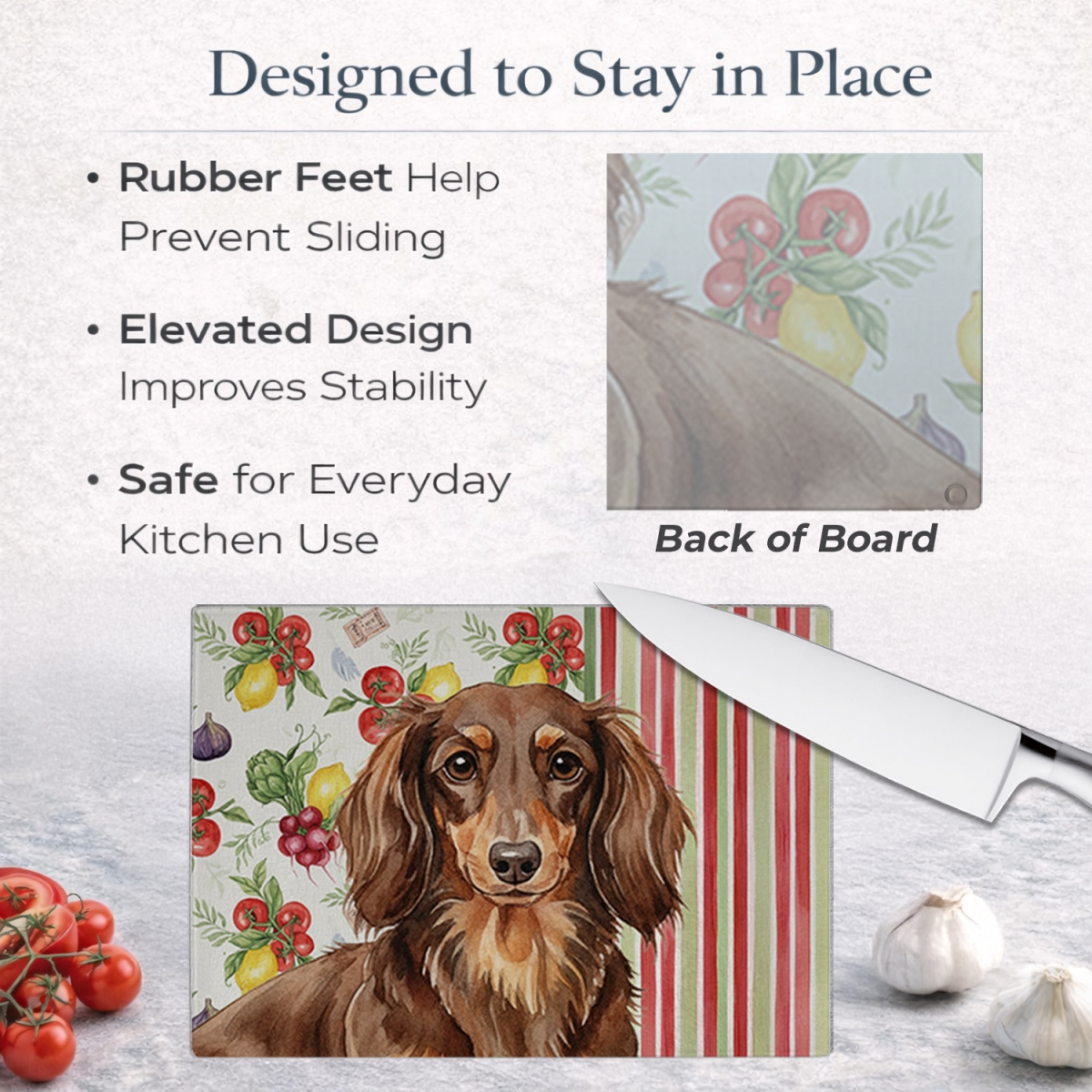 Picture of Carolines Treasures WDK8196LCB 11.25 x 15.25 in. Longhaired Chocolate & Tan Dachshund Vegetables Glass Cutting Board