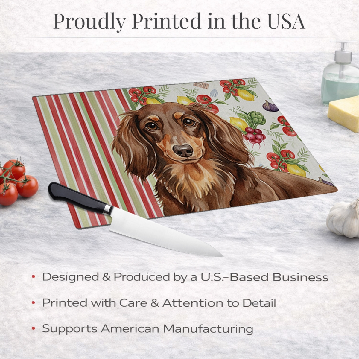 Picture of Carolines Treasures WDK8196LCB 11.25 x 15.25 in. Longhaired Chocolate & Tan Dachshund Vegetables Glass Cutting Board