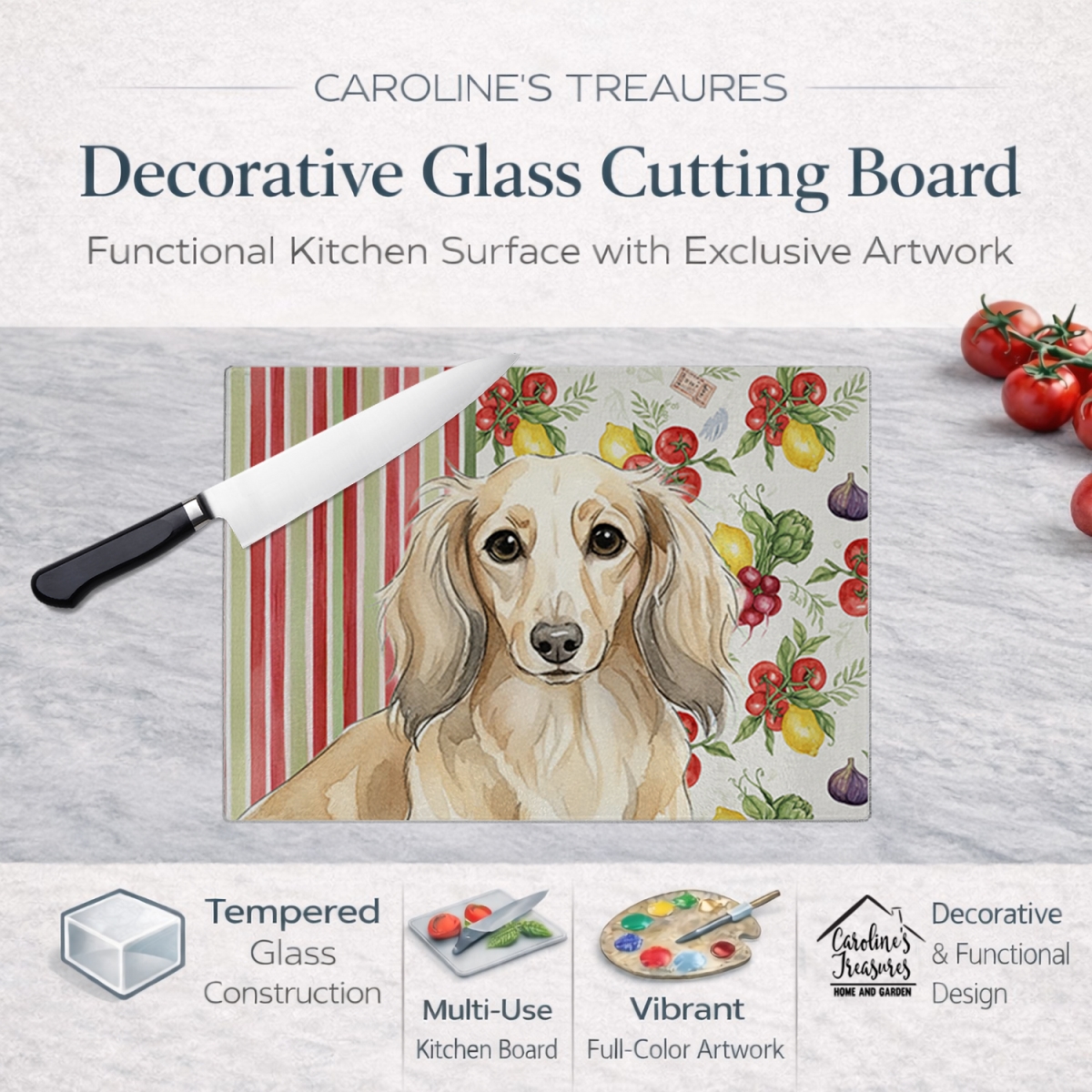 Picture of Carolines Treasures WDK8197LCB 11.25 x 15.25 in. Longhaired Cream Dachshund Vegetables Glass Cutting Board