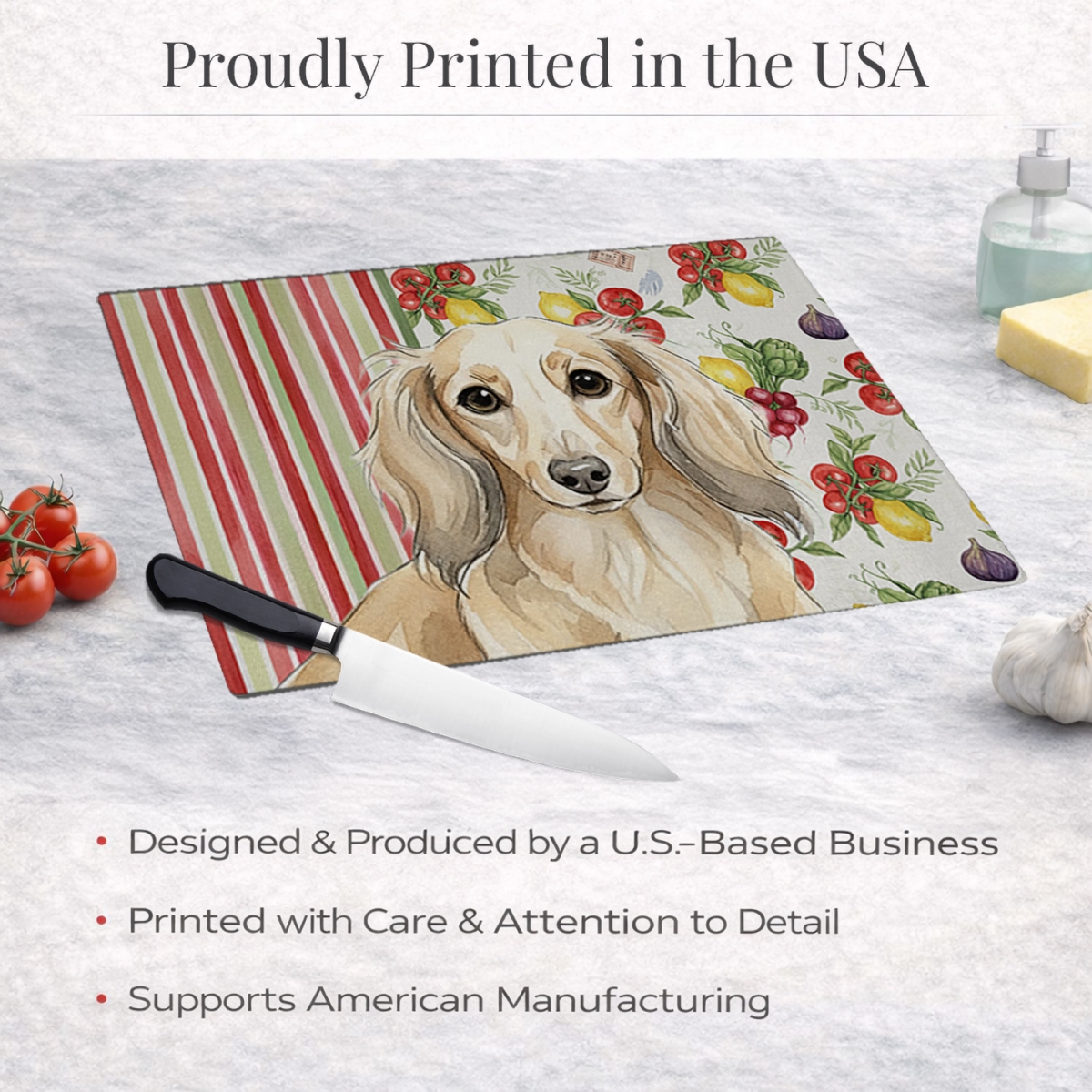 Picture of Carolines Treasures WDK8197LCB 11.25 x 15.25 in. Longhaired Cream Dachshund Vegetables Glass Cutting Board