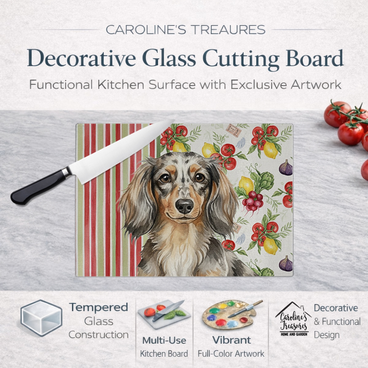 Picture of Carolines Treasures WDK8198LCB 11.25 x 15.25 in. Longhaired Dapple Dachshund Vegetables Glass Cutting Board