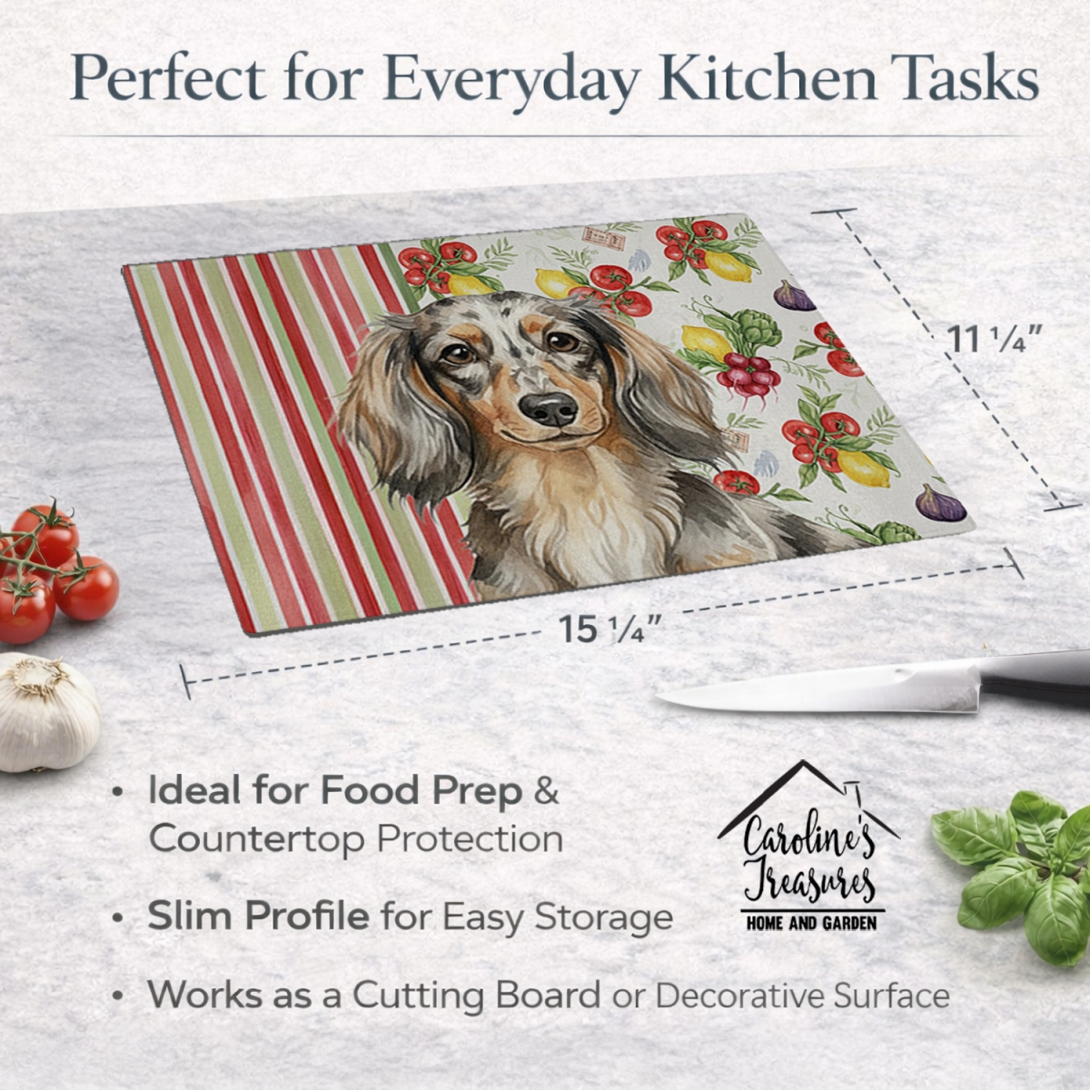 Picture of Carolines Treasures WDK8198LCB 11.25 x 15.25 in. Longhaired Dapple Dachshund Vegetables Glass Cutting Board