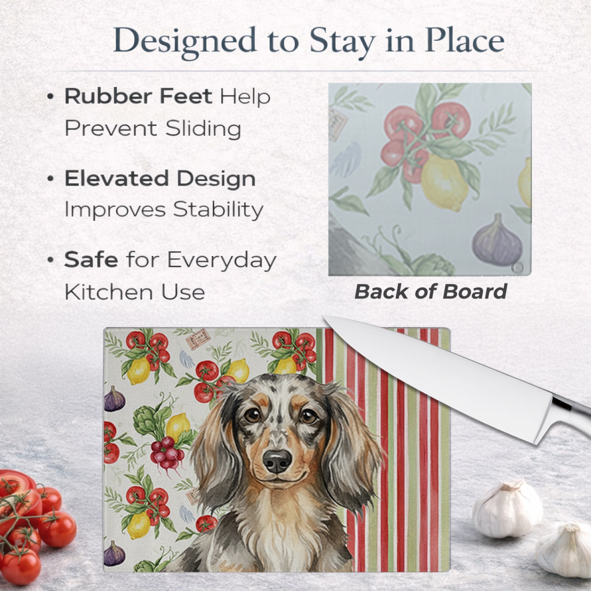 Picture of Carolines Treasures WDK8198LCB 11.25 x 15.25 in. Longhaired Dapple Dachshund Vegetables Glass Cutting Board