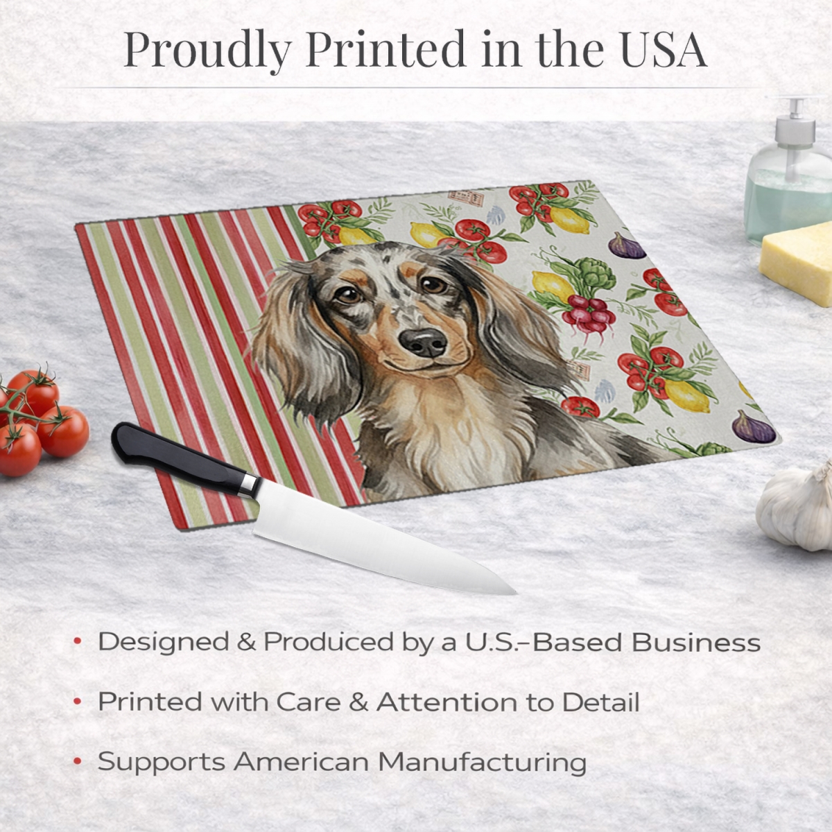 Picture of Carolines Treasures WDK8198LCB 11.25 x 15.25 in. Longhaired Dapple Dachshund Vegetables Glass Cutting Board