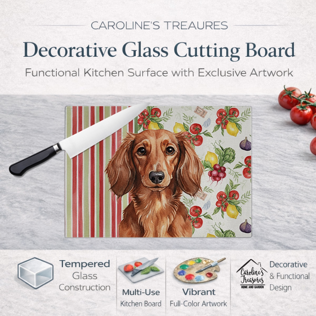 Picture of Carolines Treasures WDK8199LCB 11.25 x 15.25 in. Longhaired Red Dachshund Vegetables Glass Cutting Board