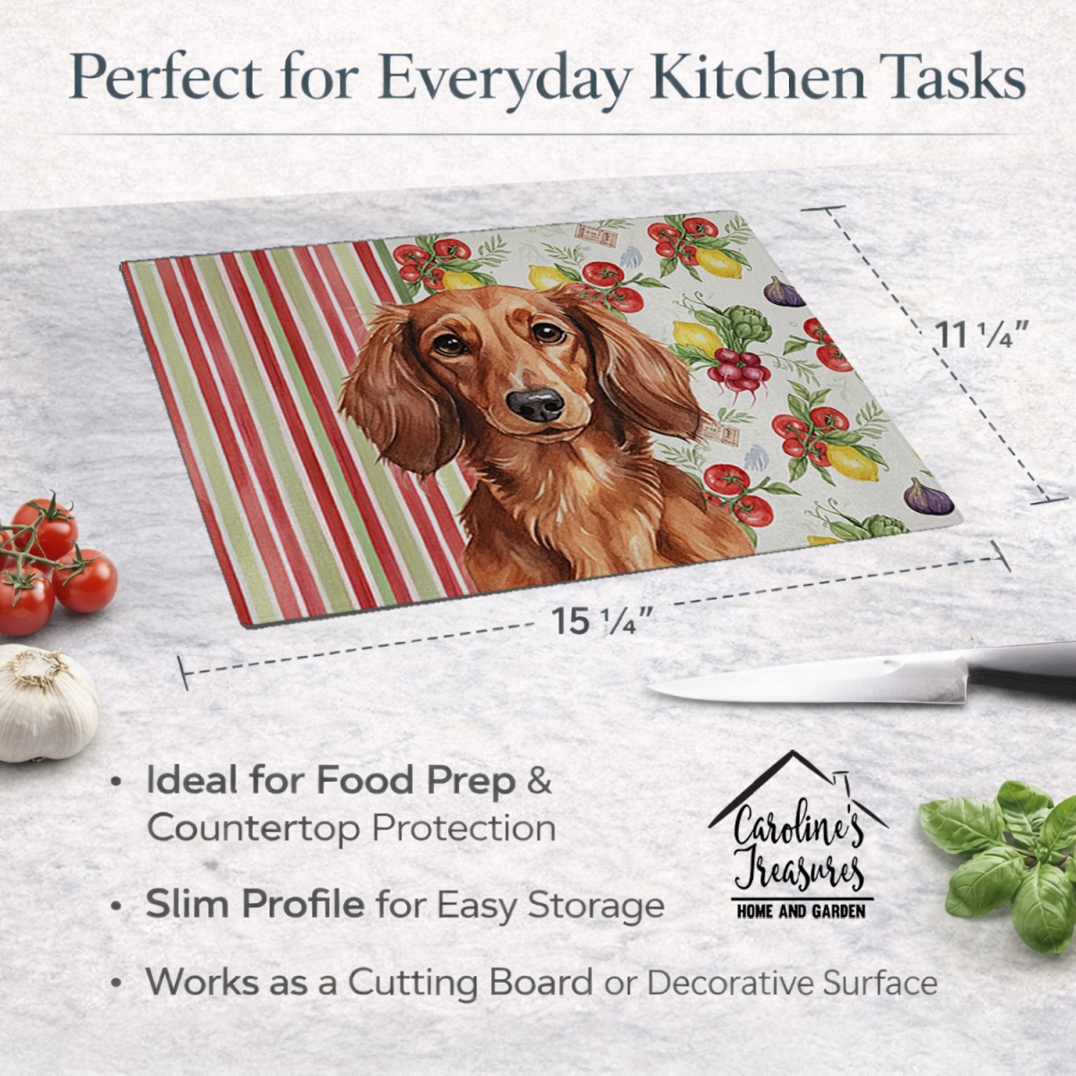 Picture of Carolines Treasures WDK8199LCB 11.25 x 15.25 in. Longhaired Red Dachshund Vegetables Glass Cutting Board