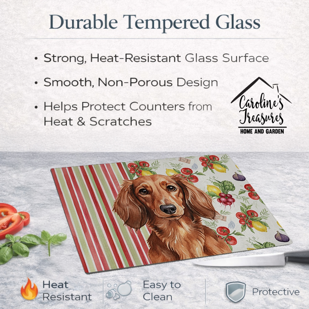 Picture of Carolines Treasures WDK8199LCB 11.25 x 15.25 in. Longhaired Red Dachshund Vegetables Glass Cutting Board