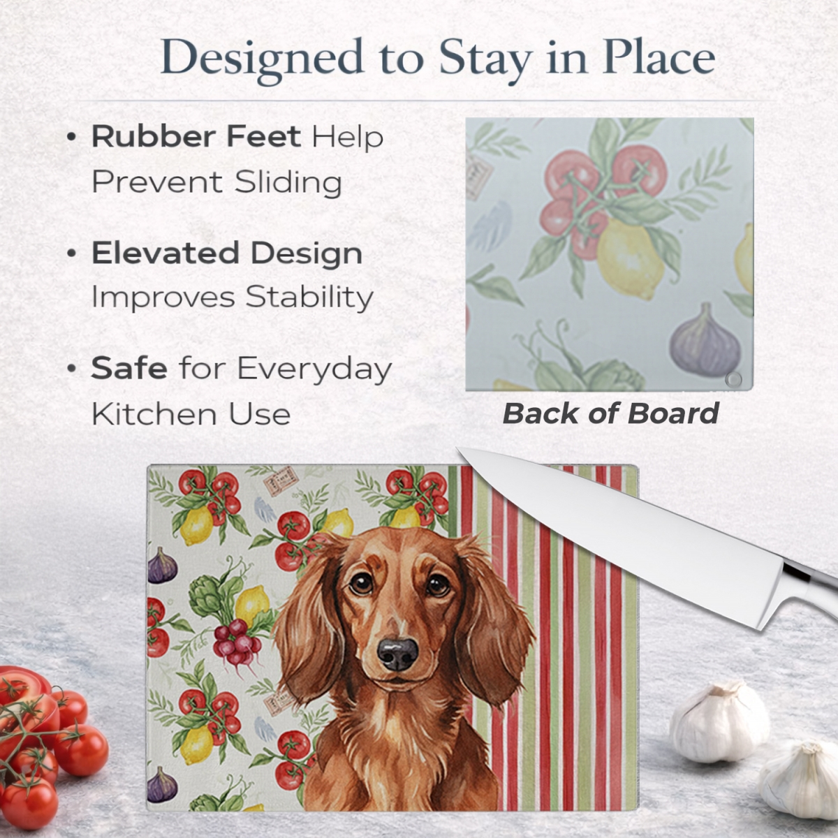 Picture of Carolines Treasures WDK8199LCB 11.25 x 15.25 in. Longhaired Red Dachshund Vegetables Glass Cutting Board