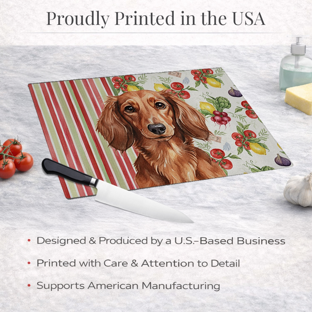Picture of Carolines Treasures WDK8199LCB 11.25 x 15.25 in. Longhaired Red Dachshund Vegetables Glass Cutting Board