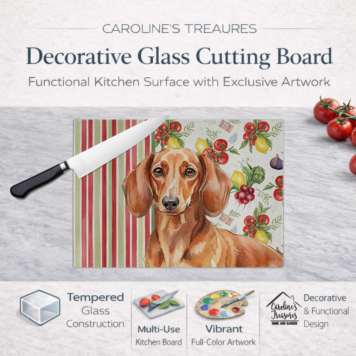 Picture of Carolines Treasures WDK8200LCB 11.25 x 15.25 in. Red Brown Dachshund Vegetables Glass Cutting Board