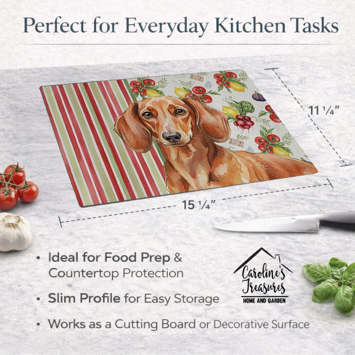 Picture of Carolines Treasures WDK8200LCB 11.25 x 15.25 in. Red Brown Dachshund Vegetables Glass Cutting Board