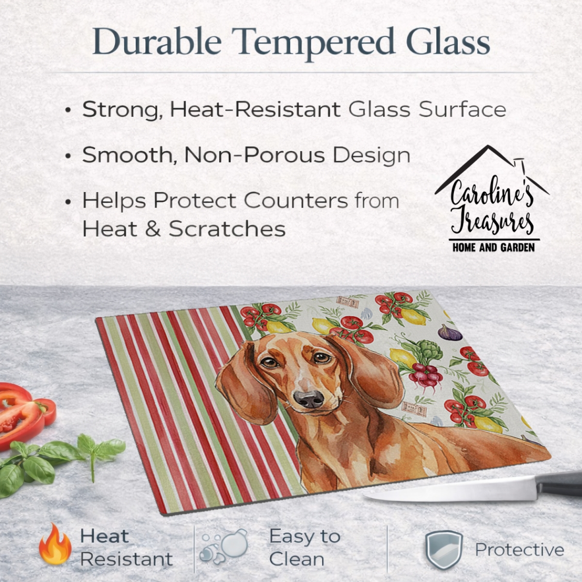 Picture of Carolines Treasures WDK8200LCB 11.25 x 15.25 in. Red Brown Dachshund Vegetables Glass Cutting Board