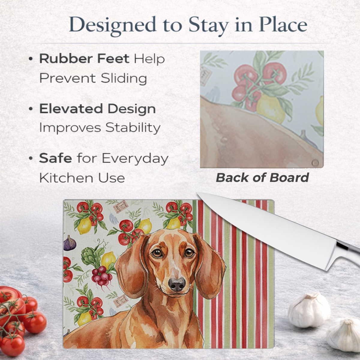 Picture of Carolines Treasures WDK8200LCB 11.25 x 15.25 in. Red Brown Dachshund Vegetables Glass Cutting Board