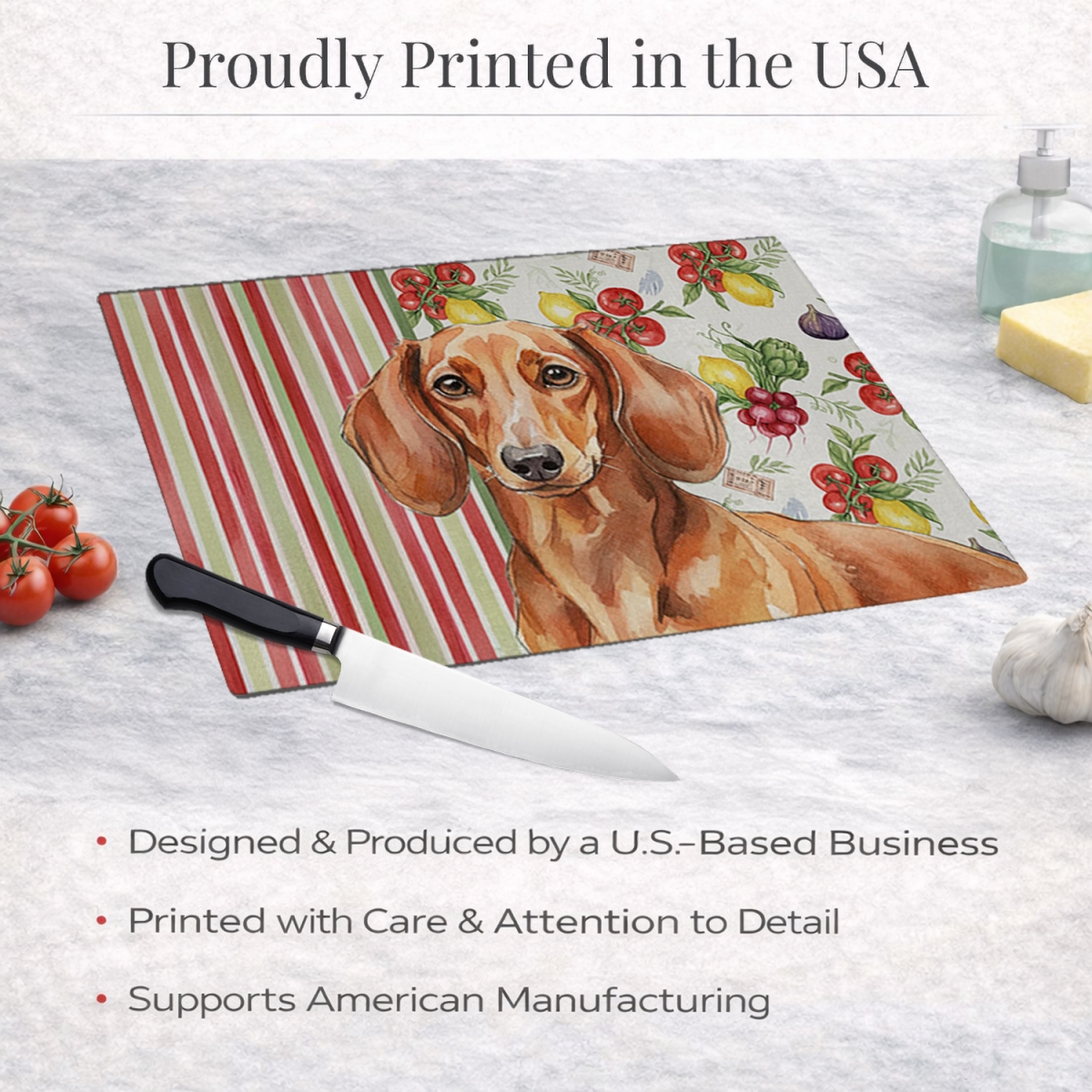 Picture of Carolines Treasures WDK8200LCB 11.25 x 15.25 in. Red Brown Dachshund Vegetables Glass Cutting Board