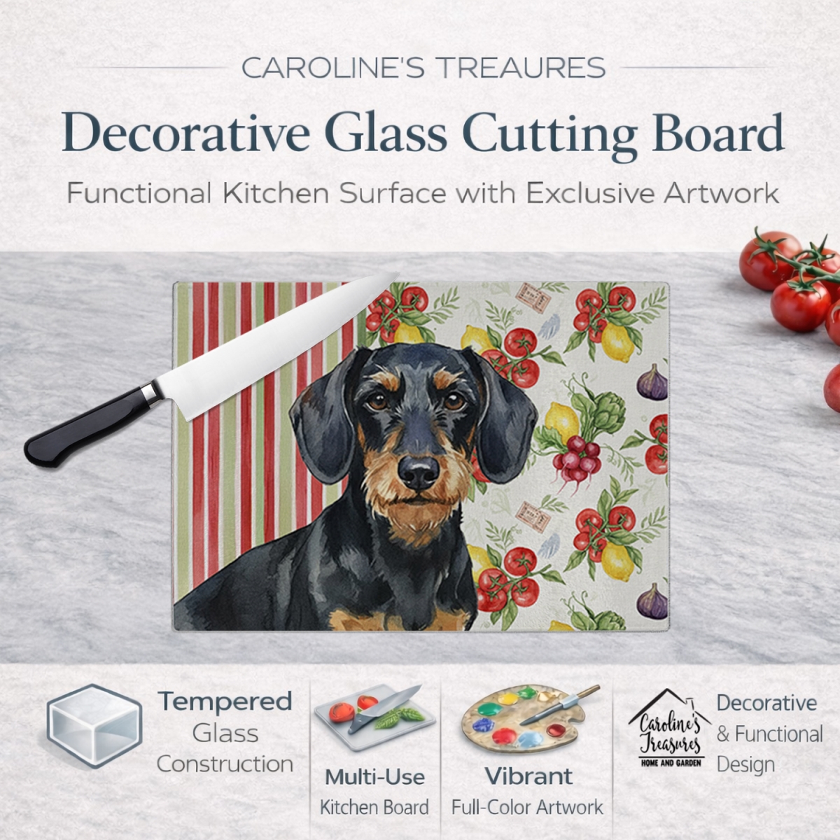 Picture of Carolines Treasures WDK8201LCB 11.25 x 15.25 in. Wirehaired Black & Tan Dachshund Vegetables Glass Cutting Board