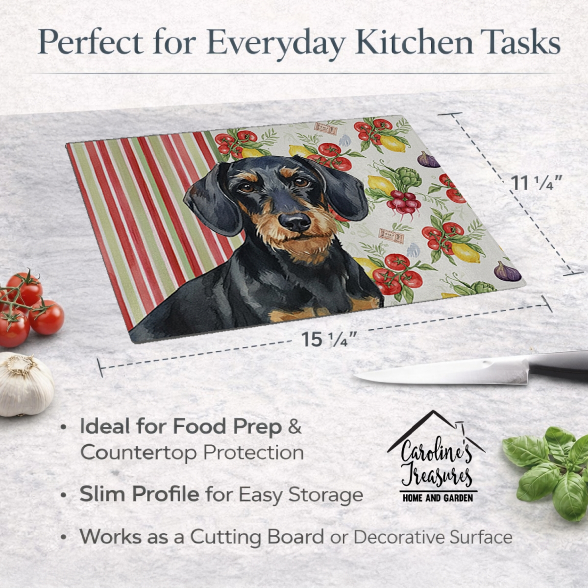 Picture of Carolines Treasures WDK8201LCB 11.25 x 15.25 in. Wirehaired Black & Tan Dachshund Vegetables Glass Cutting Board