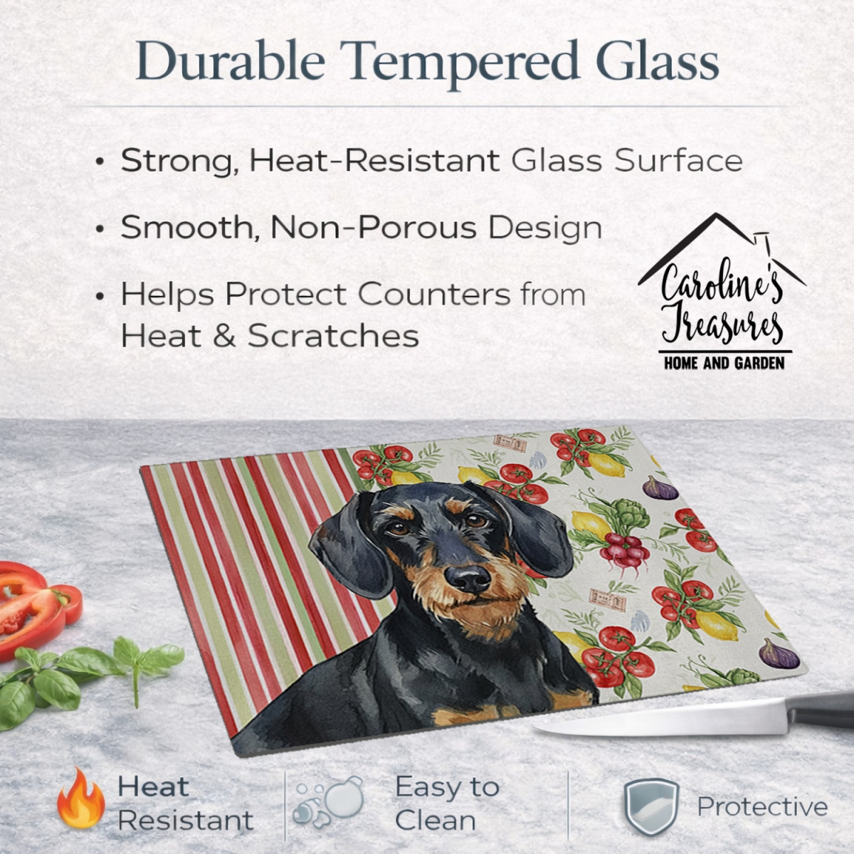 Picture of Carolines Treasures WDK8201LCB 11.25 x 15.25 in. Wirehaired Black & Tan Dachshund Vegetables Glass Cutting Board