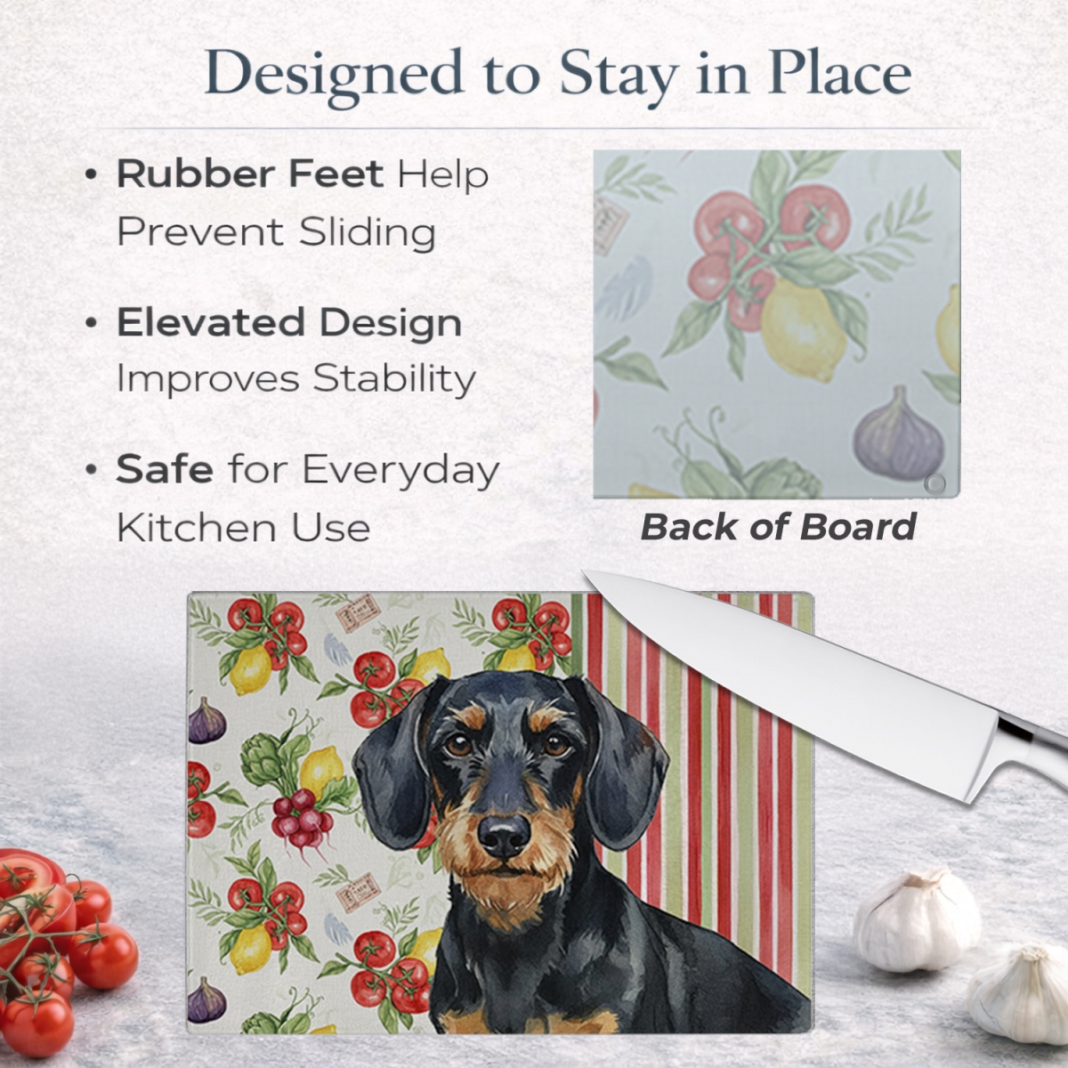 Picture of Carolines Treasures WDK8201LCB 11.25 x 15.25 in. Wirehaired Black & Tan Dachshund Vegetables Glass Cutting Board